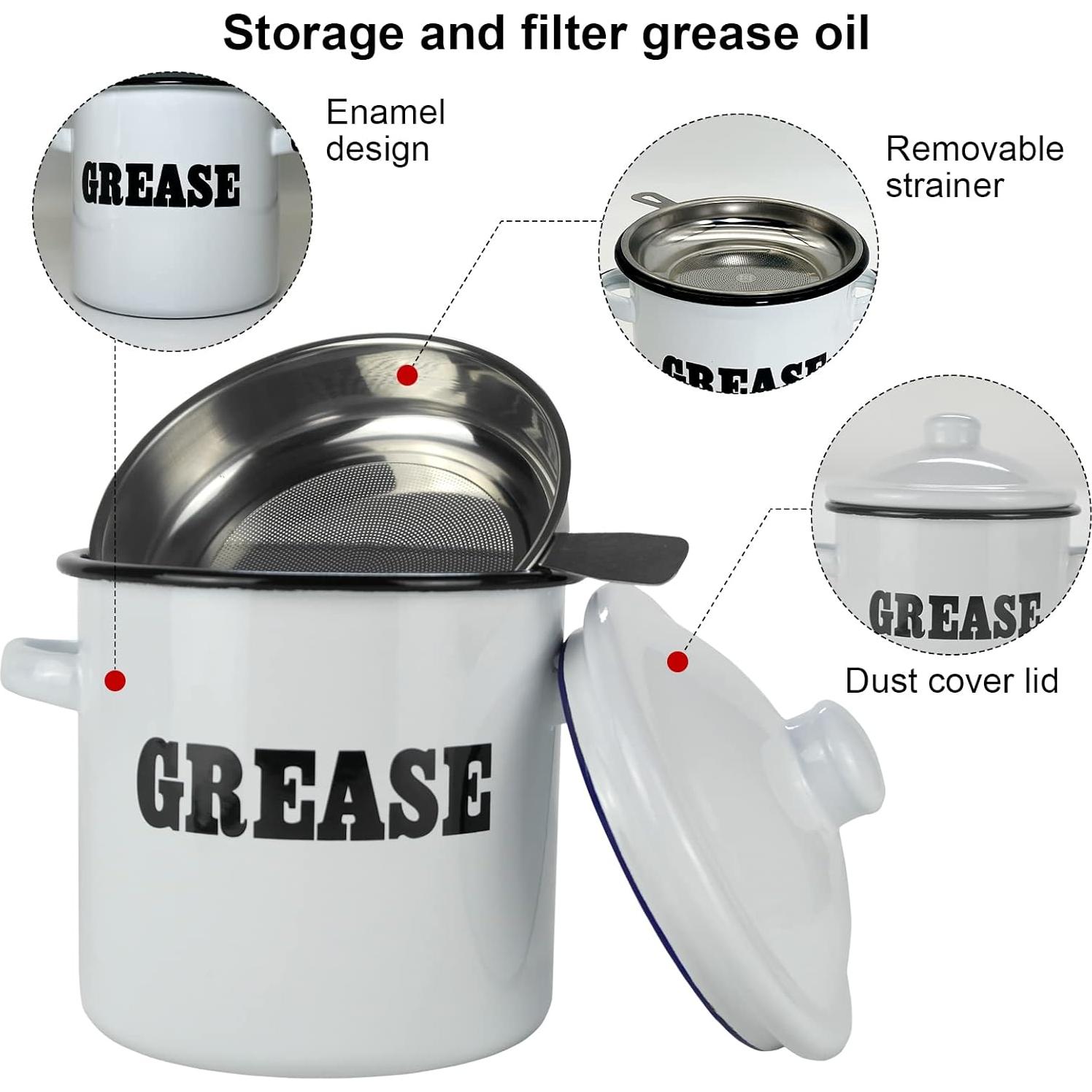Contenedor de Grasa de Tocino Esmalte Blanco 1.5L con Colador