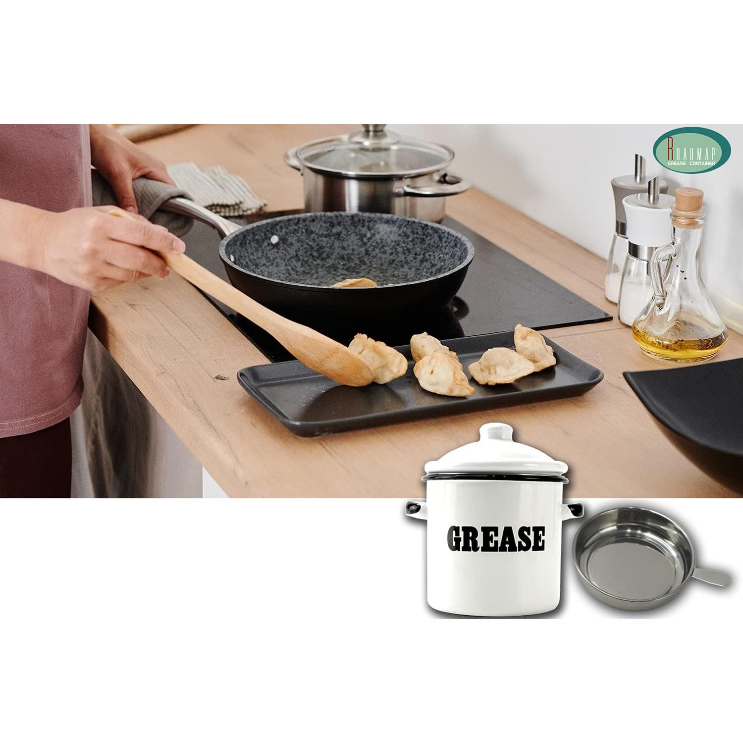 Contenedor de Grasa de Tocino Esmalte Blanco 1.5L con Colador