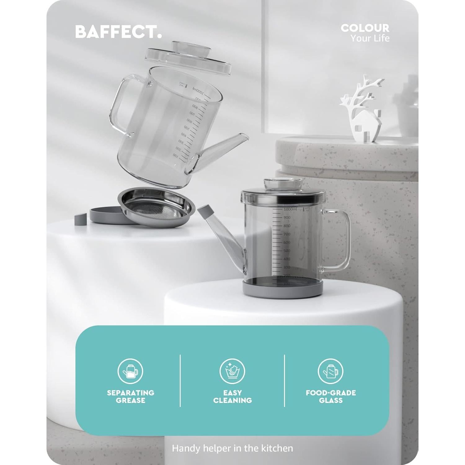 Separador de Grasa Baffect 1L de Vidrio con Colador Fino