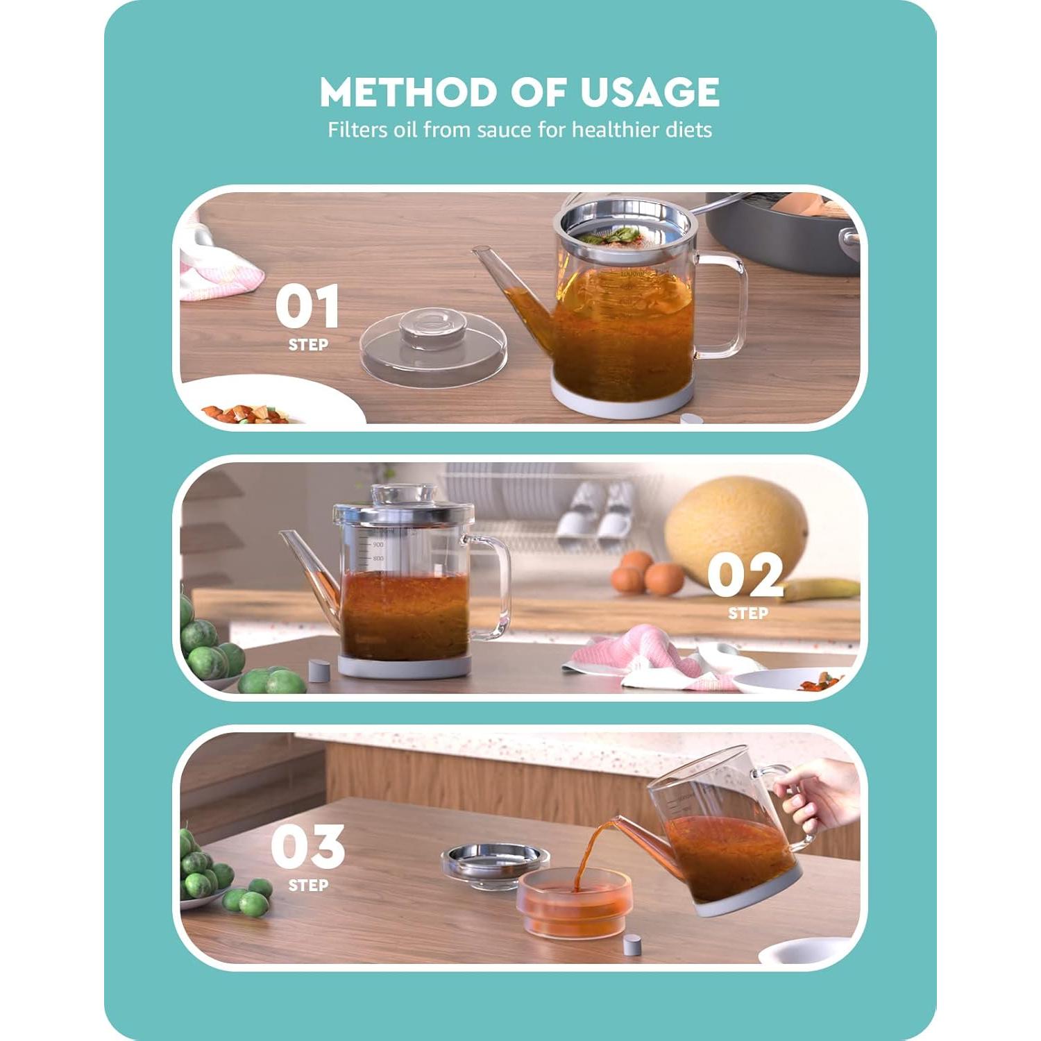 Separador de Grasa Baffect 1L de Vidrio con Colador Fino