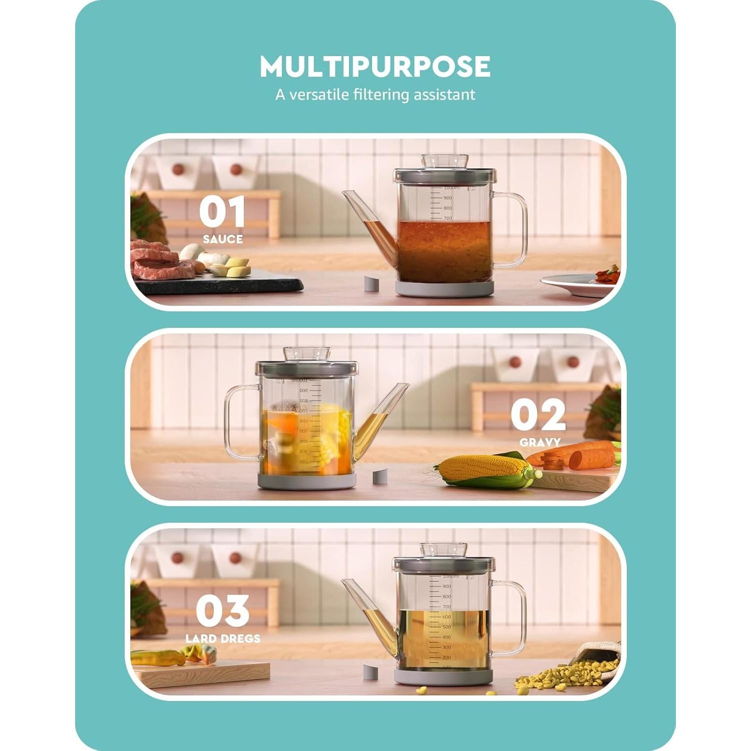 Separador de Grasa Baffect 1L de Vidrio con Colador Fino