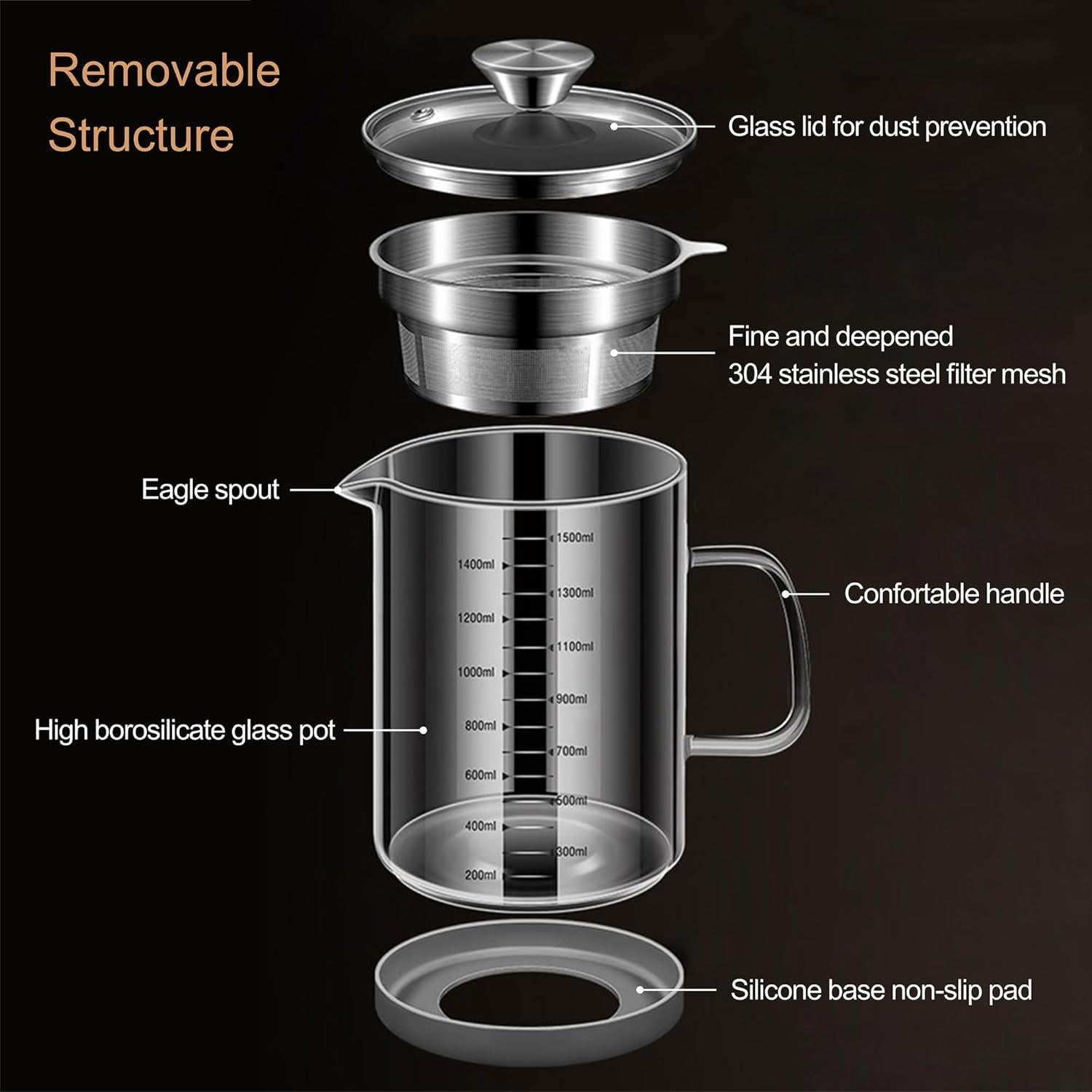 Contenedor de aceite de vidrio 1.5L Abdodar con colador acero