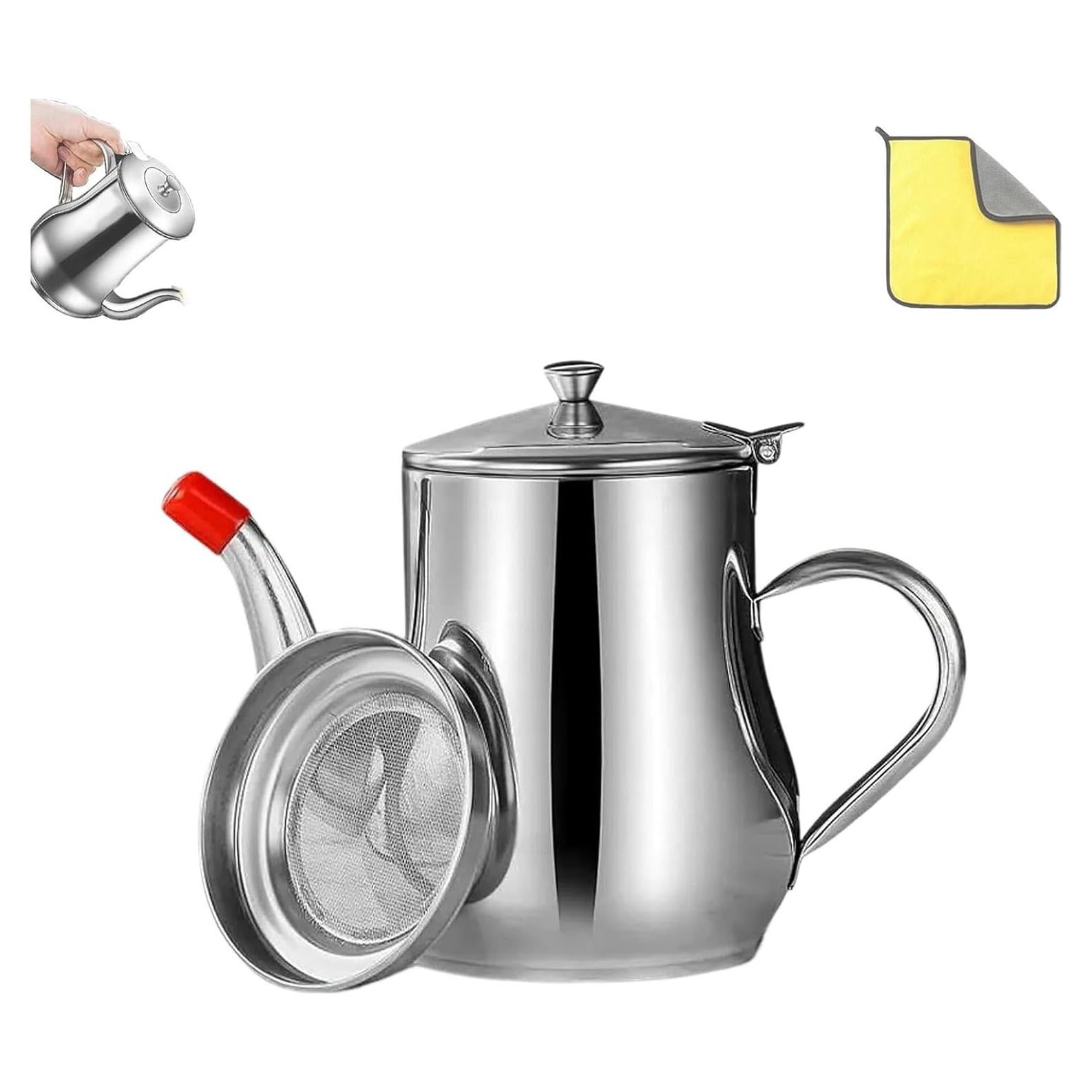 Vitalenergt Filter Pot, Vitalenergt Stainless Steel Oil Filter Pot, 13/18/24/32/48/70oz, Small Bacon Grease Saver with Strainer & Dust Cap, for Home Kitchen Storage of Cooking Oil(13oz)