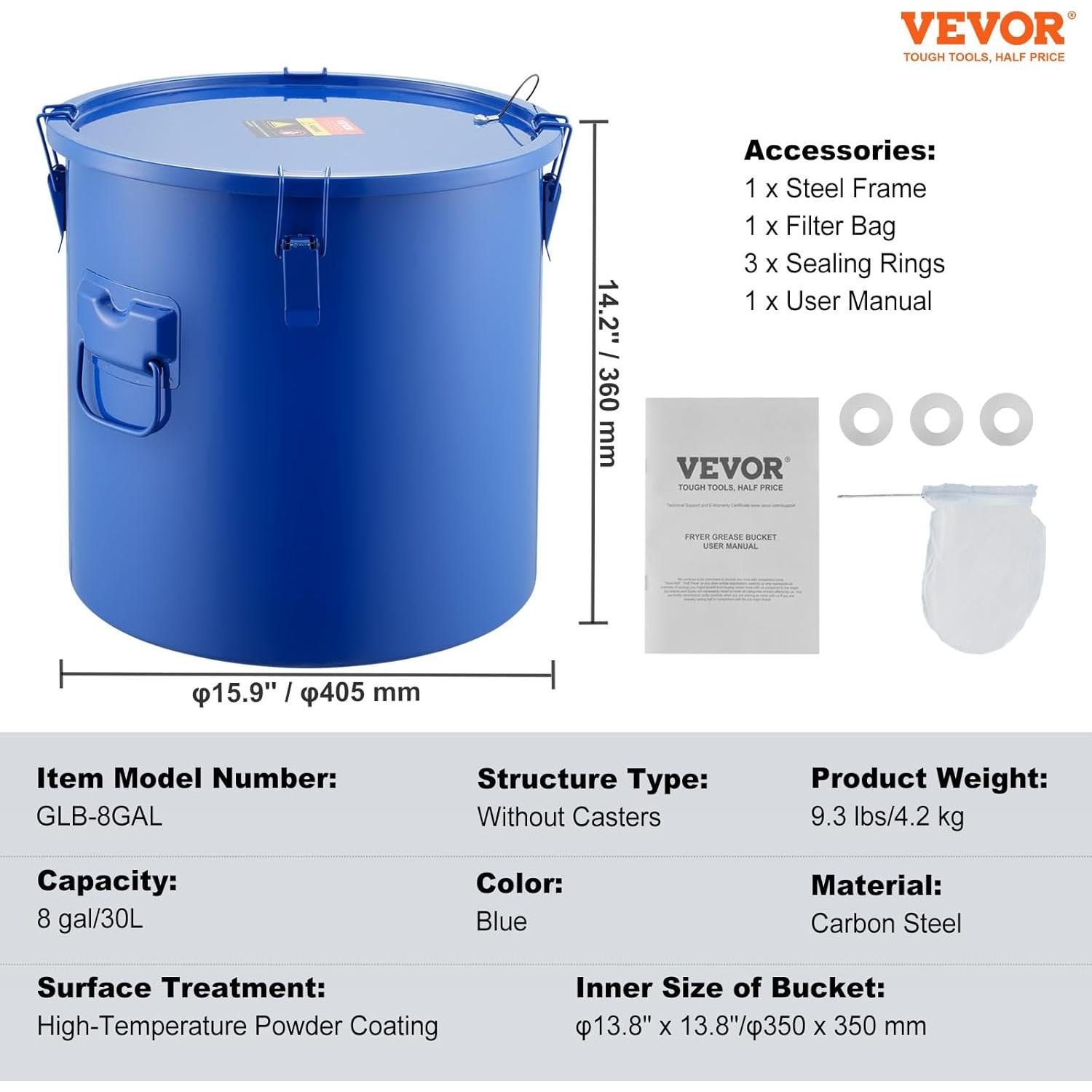 Cubo de Grasa VEVOR 10 Galones Acero al Carbono Azul