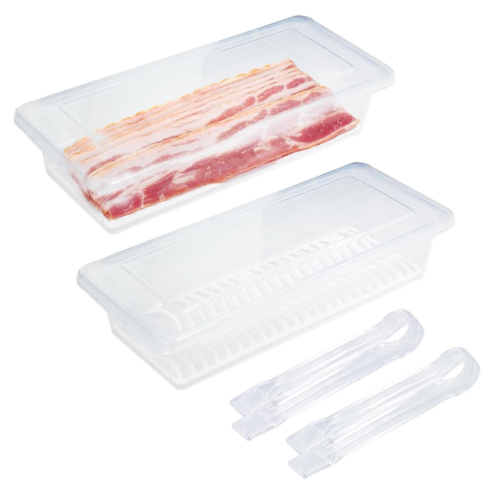 2-Pack Bacon Keeper Containers for Refrigerator, Airtight Fridge Meat Food Storage Boxes with Lids and Tongs, Clear and Reusable Plastic Fruit Cheese Eggs Serving Holder, Microwave Safe