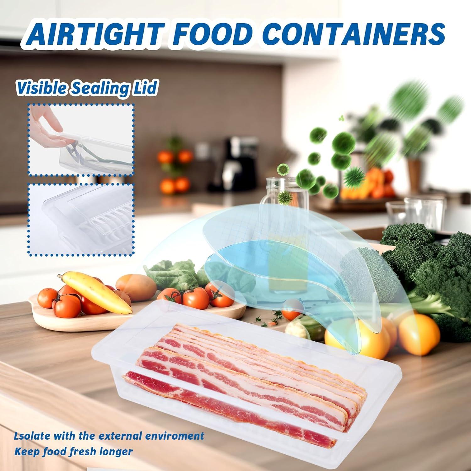 2-Pack Bacon Keeper Containers for Refrigerator, Airtight Fridge Meat Food Storage Boxes with Lids and Tongs, Clear and Reusable Plastic Fruit Cheese Eggs Serving Holder, Microwave Safe