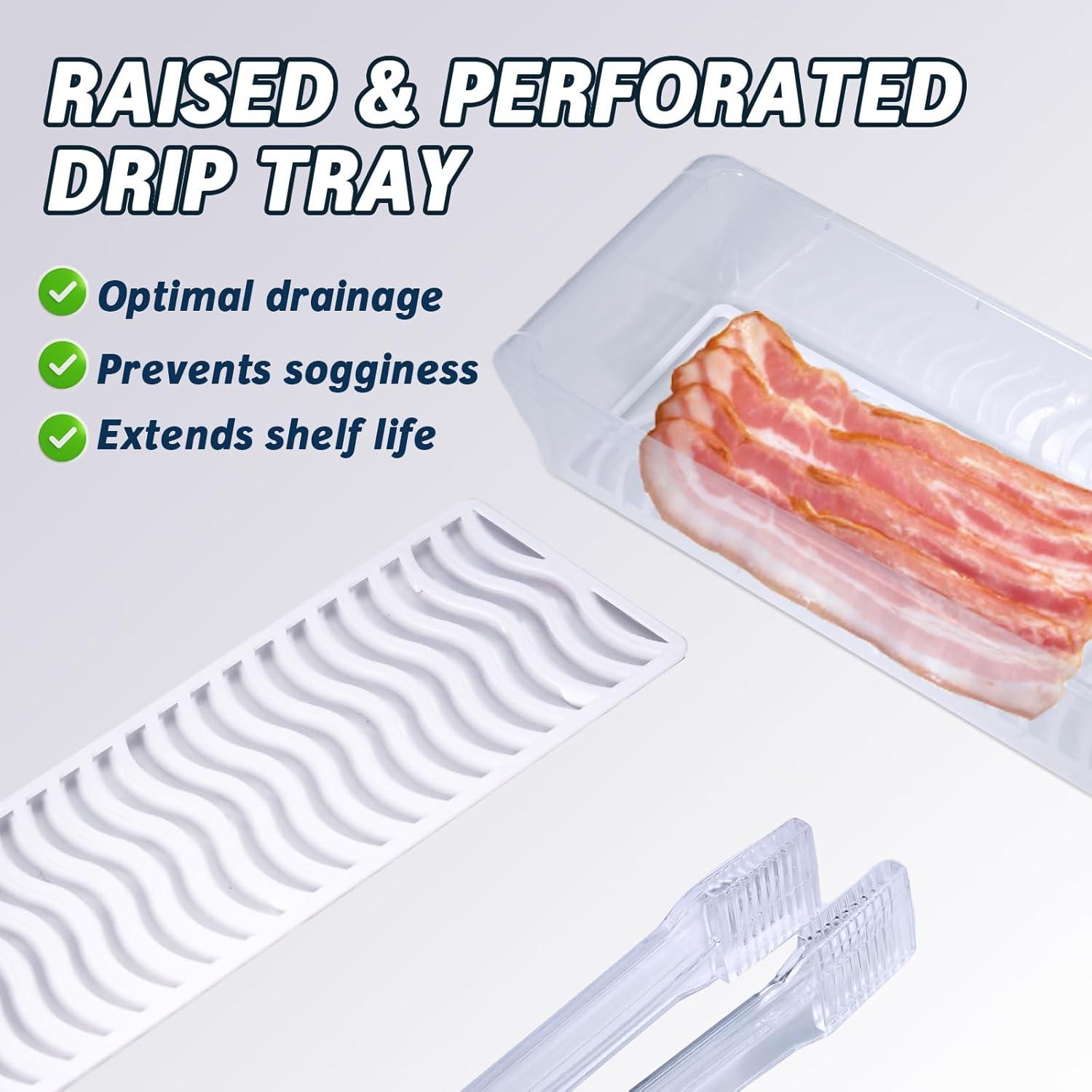 2-Pack Bacon Keeper Containers for Refrigerator, Airtight Fridge Meat Food Storage Boxes with Lids and Tongs, Clear and Reusable Plastic Fruit Cheese Eggs Serving Holder, Microwave Safe