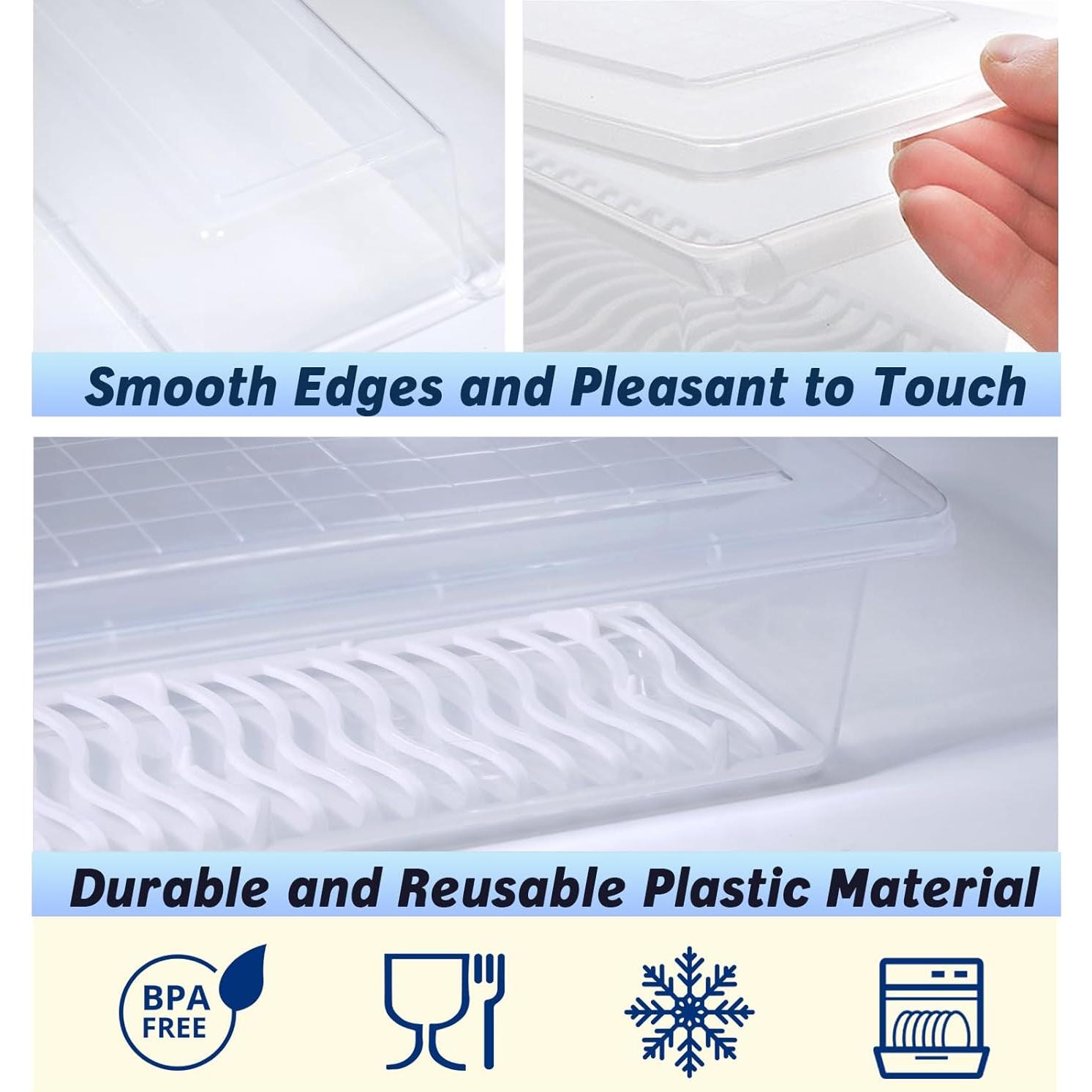 2-Pack Bacon Keeper Containers for Refrigerator, Airtight Fridge Meat Food Storage Boxes with Lids and Tongs, Clear and Reusable Plastic Fruit Cheese Eggs Serving Holder, Microwave Safe