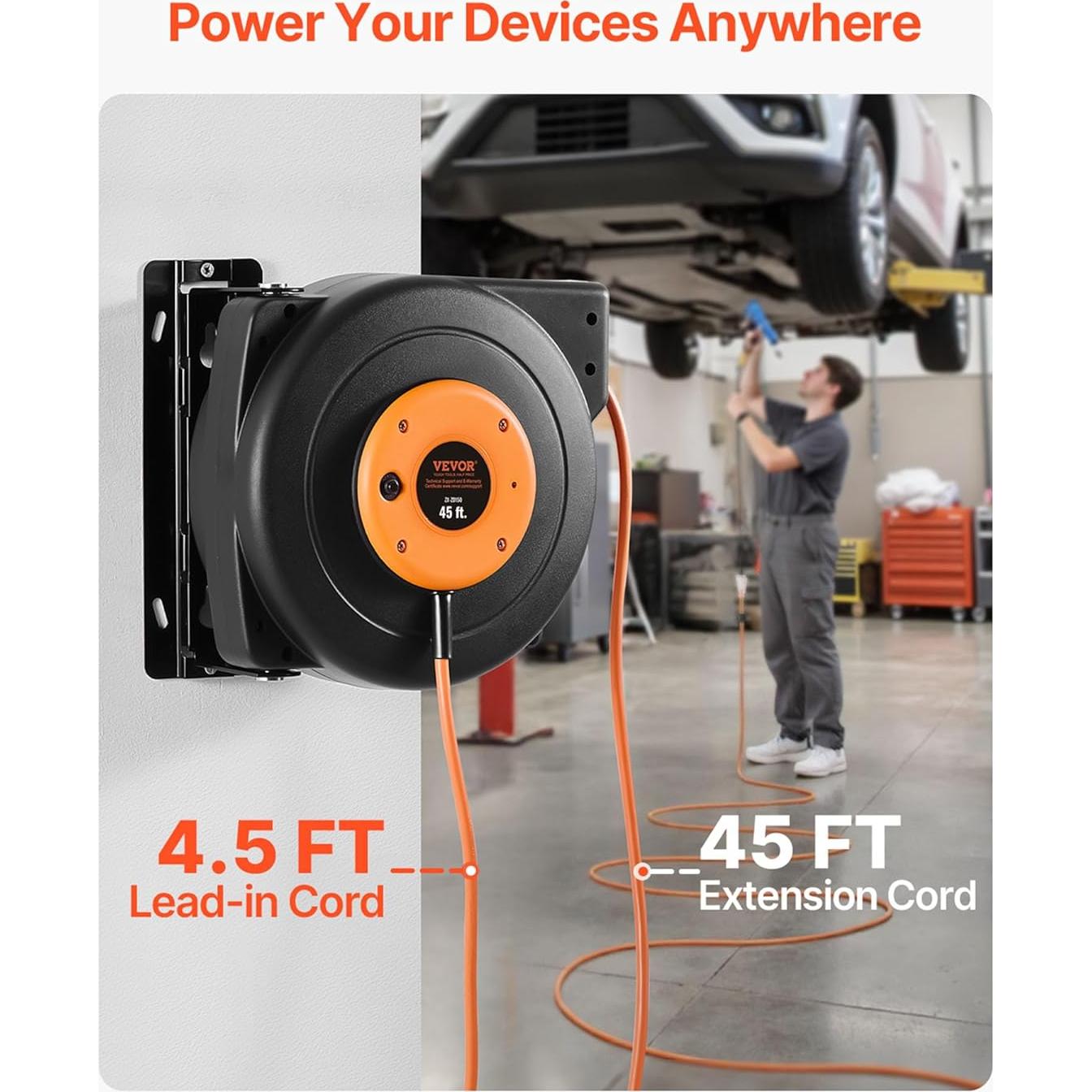 Carrete de Cable de Extensión Retráctil VEVOR 13.72 m 12AWG