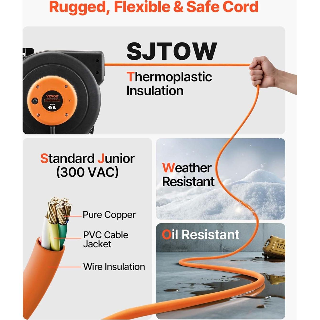 Carrete de Cable de Extensión Retráctil VEVOR 13.72 m 12AWG