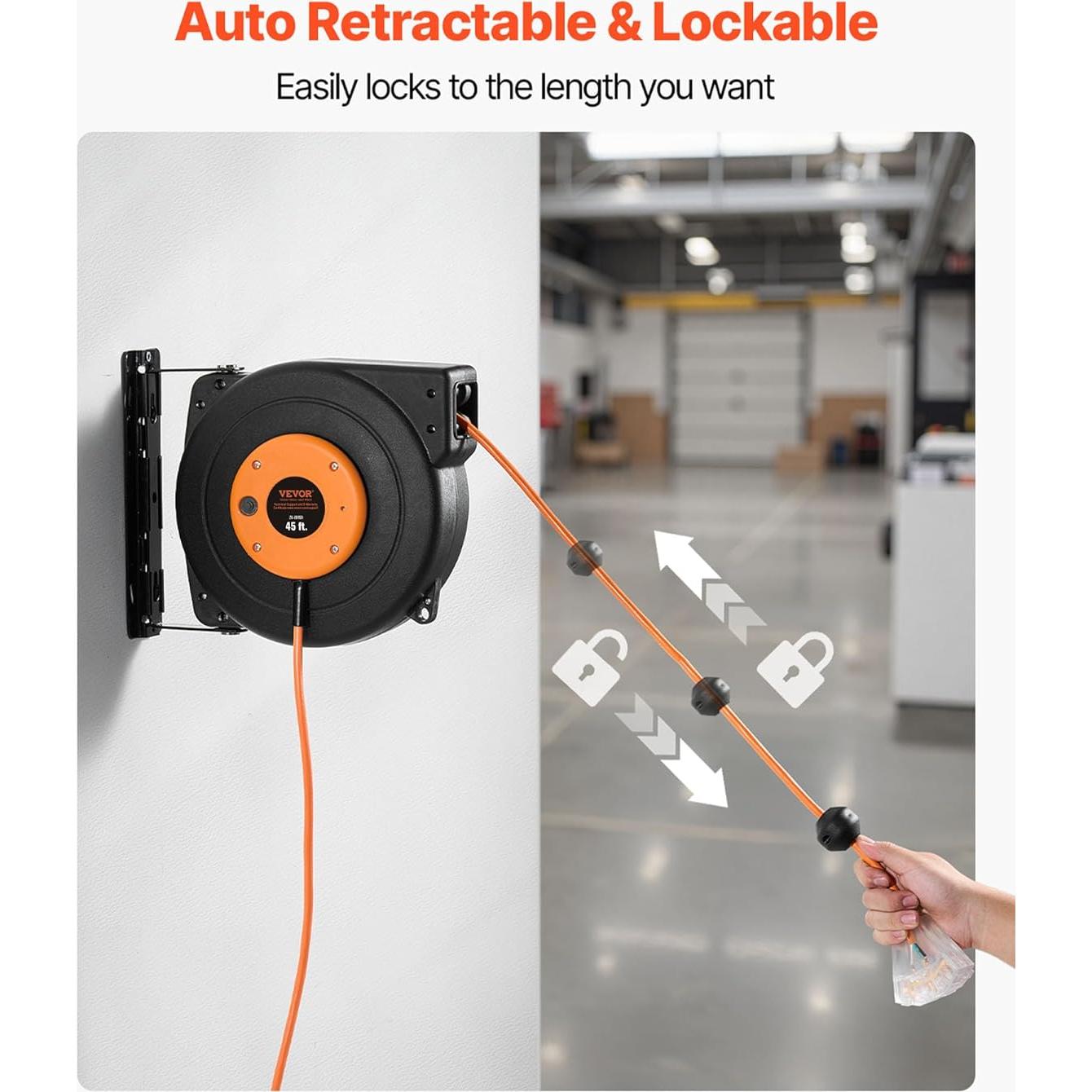 Carrete de Cable de Extensión Retráctil VEVOR 13.72 m 12AWG