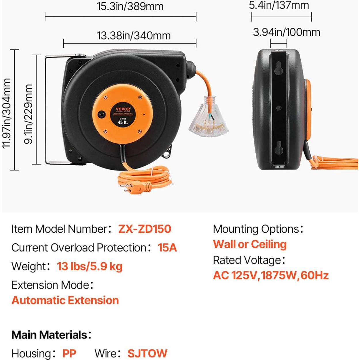 Carrete de Cable de Extensión Retráctil VEVOR 13.72 m 12AWG