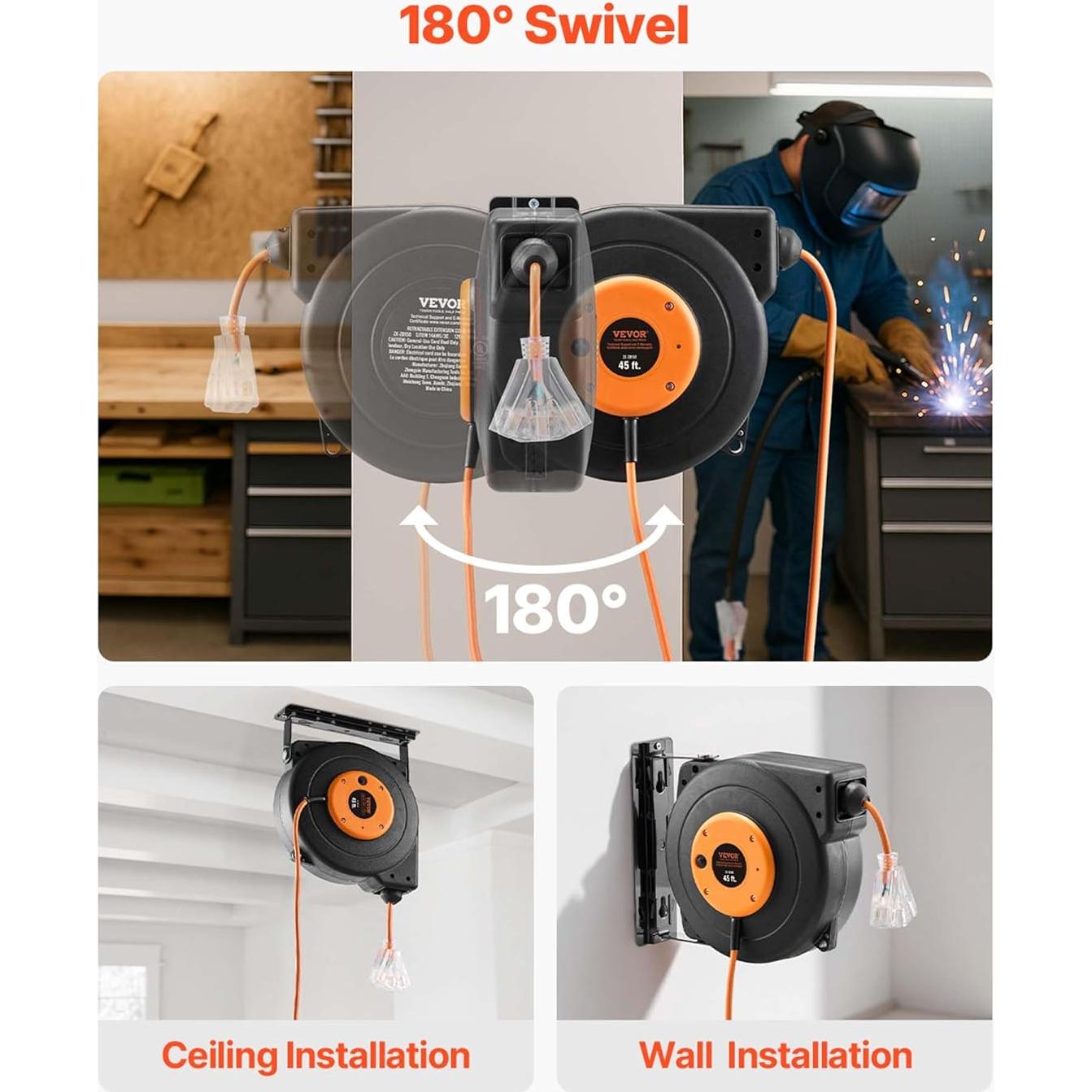 Carrete de Cable de Extensión Retráctil VEVOR 13.72 m 12AWG