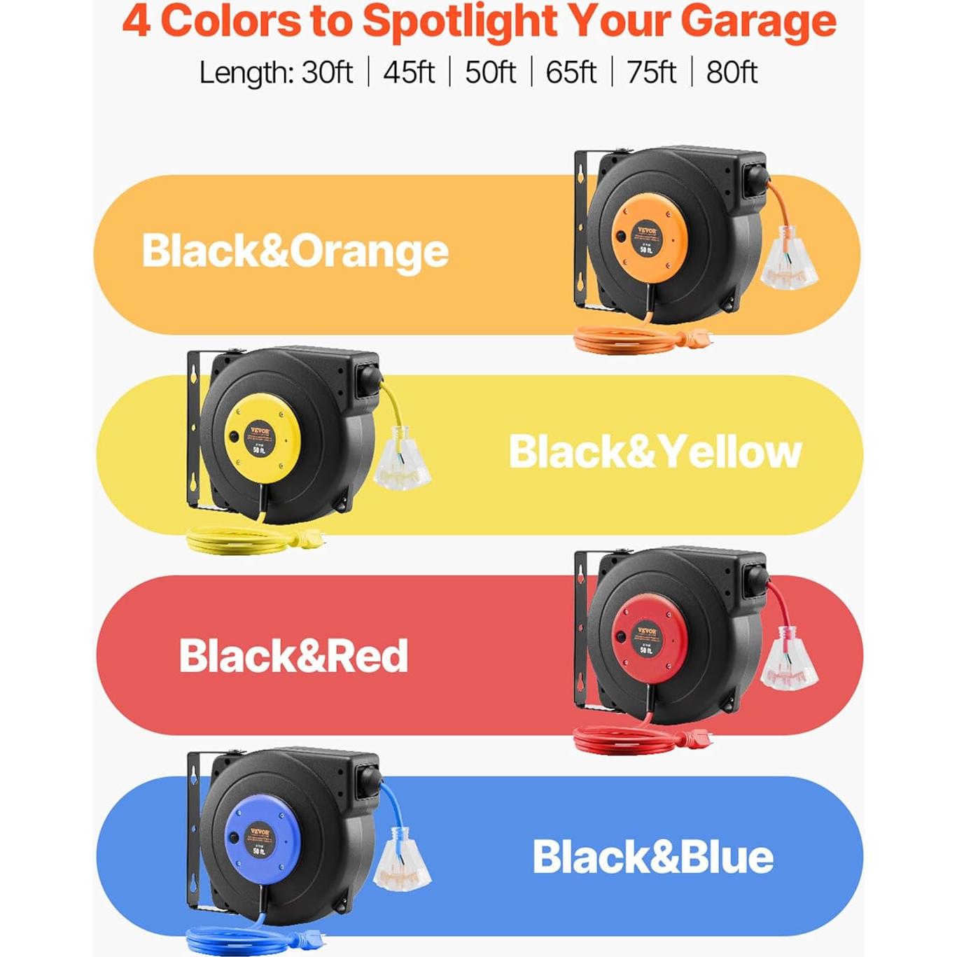 Carrete de Cable de Extensión Retráctil VEVOR 13.72 m 12AWG