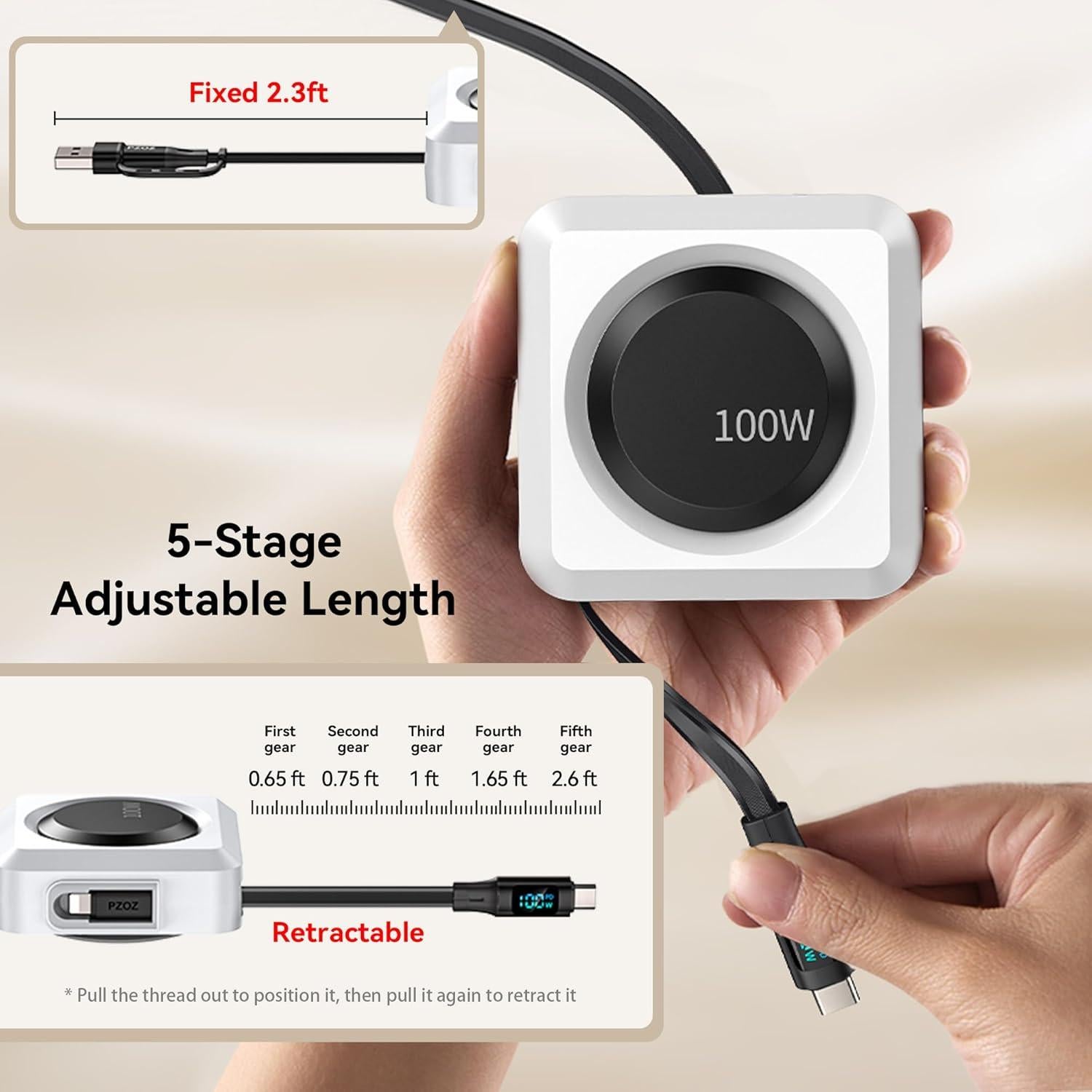 Cable de Carga Retráctil PZOZ 100W con Pantalla LED 1.52m