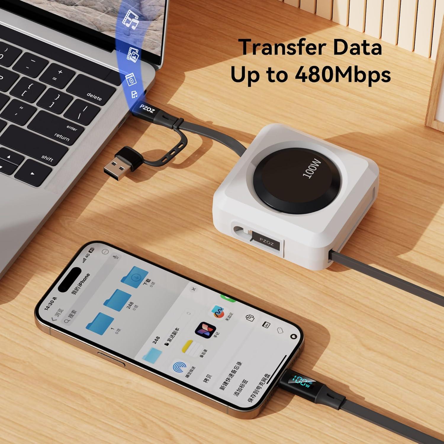 Cable de Carga Retráctil PZOZ 100W con Pantalla LED 1.52m