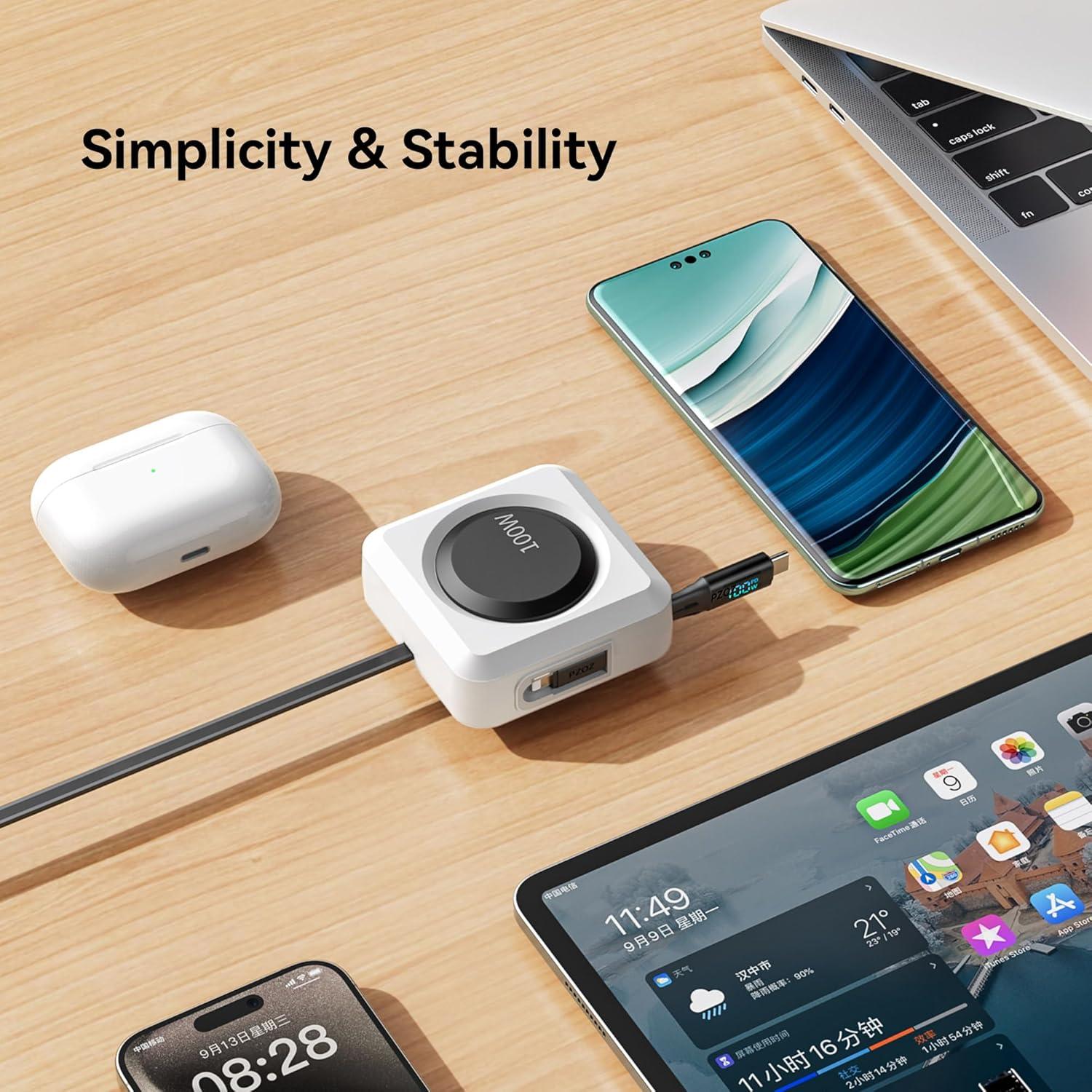 Cable de Carga Retráctil PZOZ 100W con Pantalla LED 1.52m