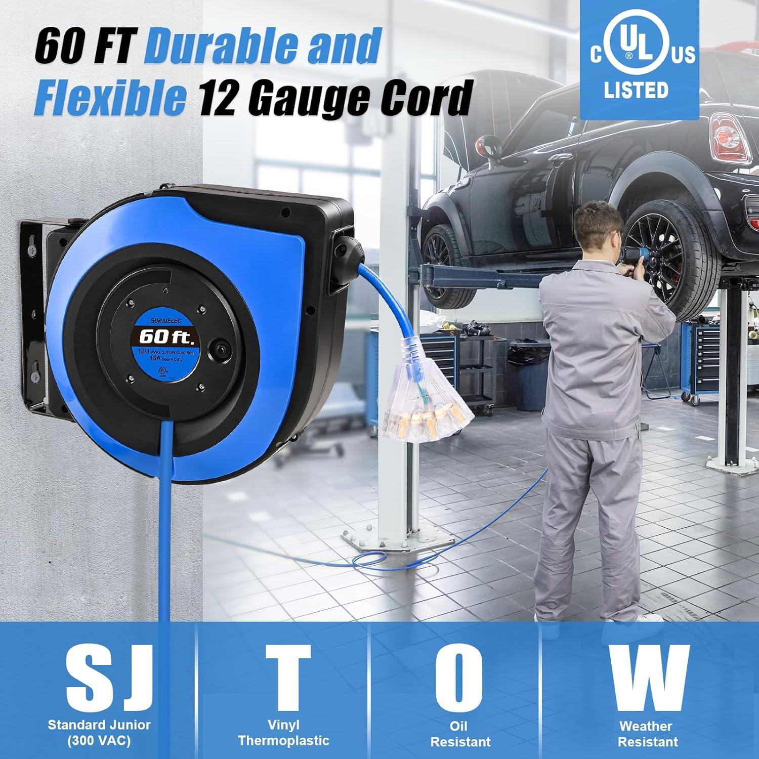 Carrete de Cable de Extensión Retráctil SURAIELEC 18.3 m 12 AWG