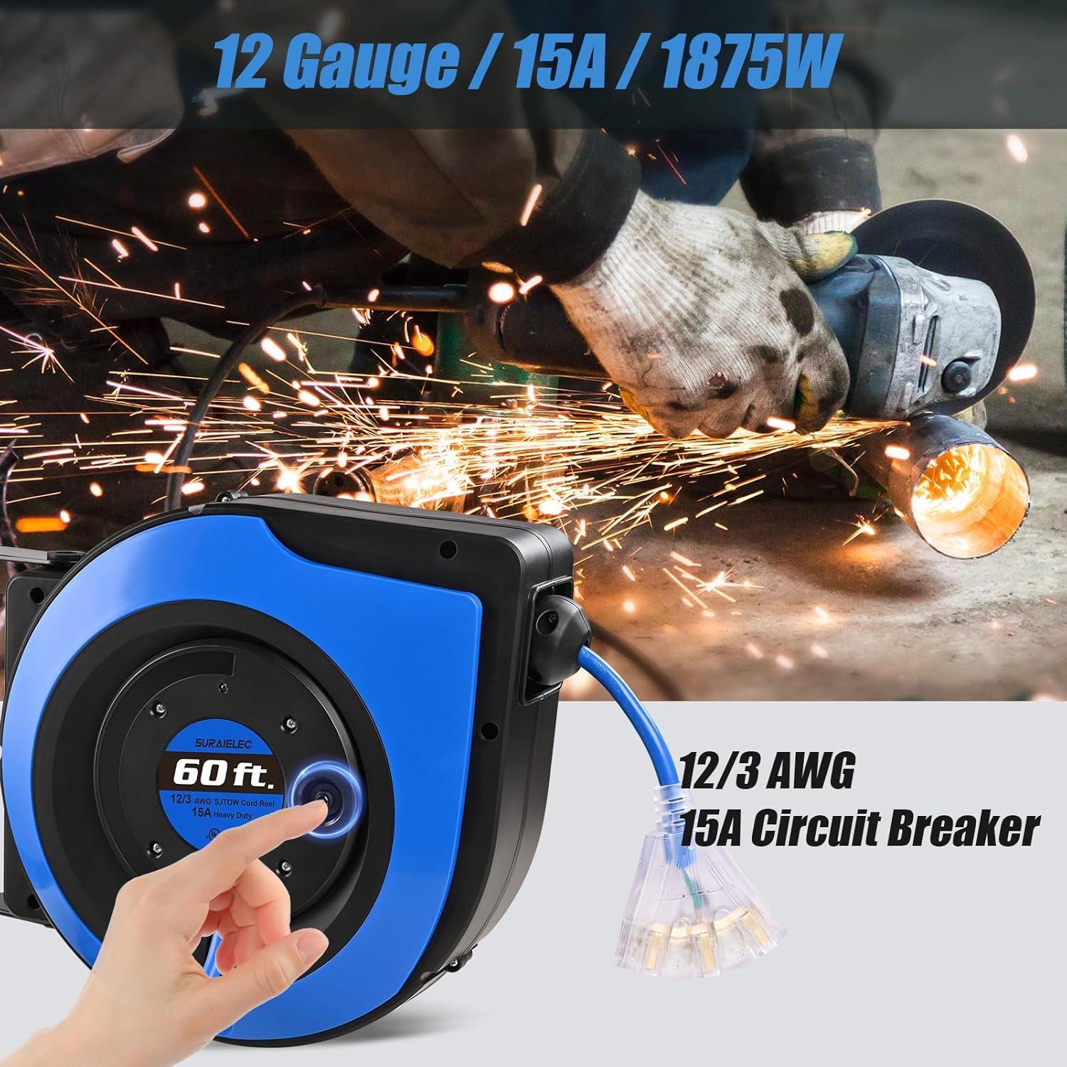 Carrete de Cable de Extensión Retráctil SURAIELEC 18.3 m 12 AWG