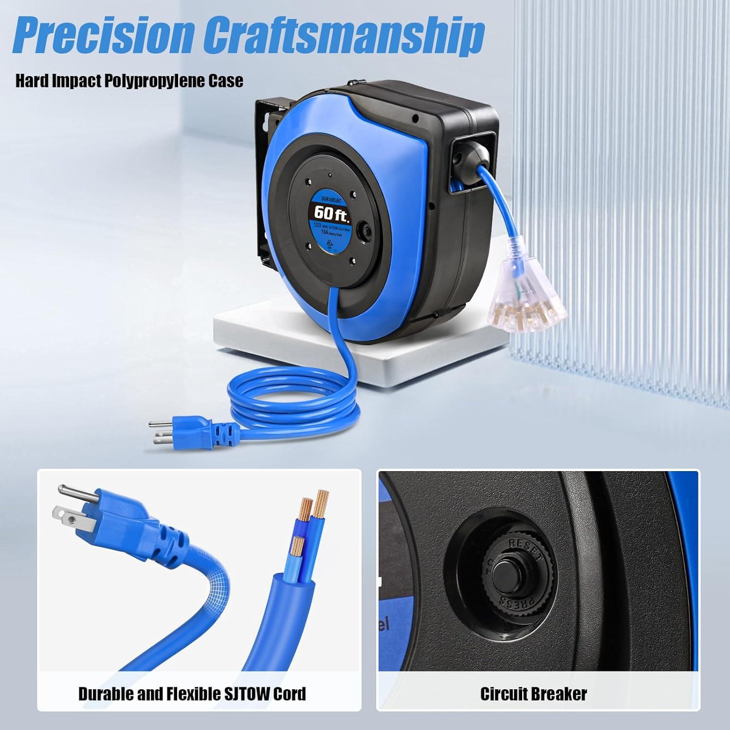 Carrete de Cable de Extensión Retráctil SURAIELEC 18.3 m 12 AWG