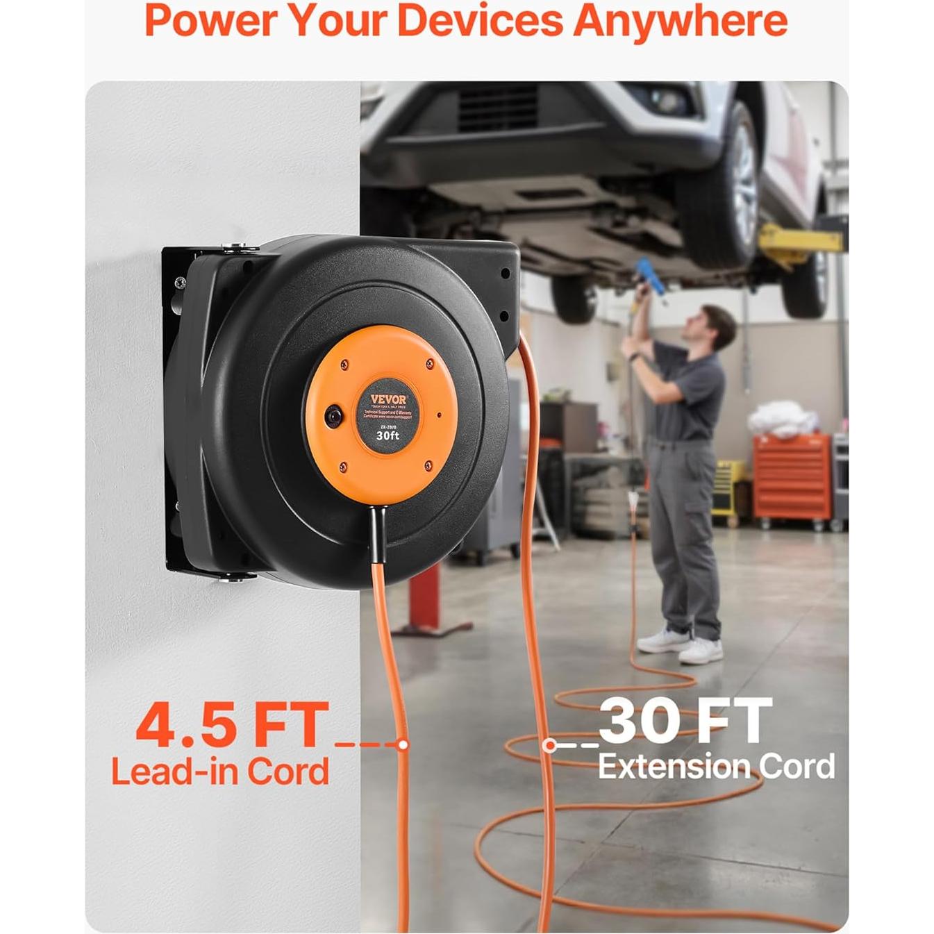 Carrete de Cable de Extensión Retráctil VEVOR 9.14m 10A