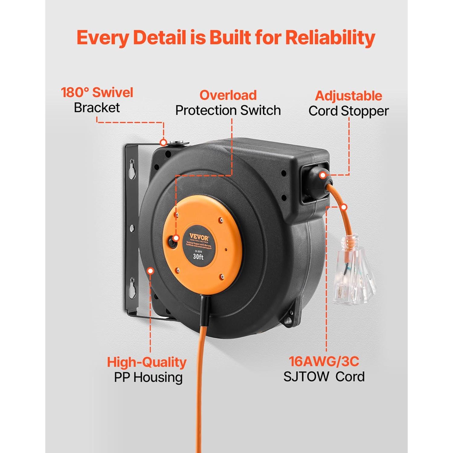 Carrete de Cable de Extensión Retráctil VEVOR 9.14m 10A