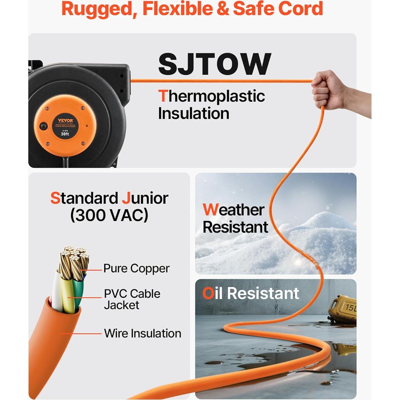 Carrete de Cable de Extensión Retráctil VEVOR 9.14m 10A