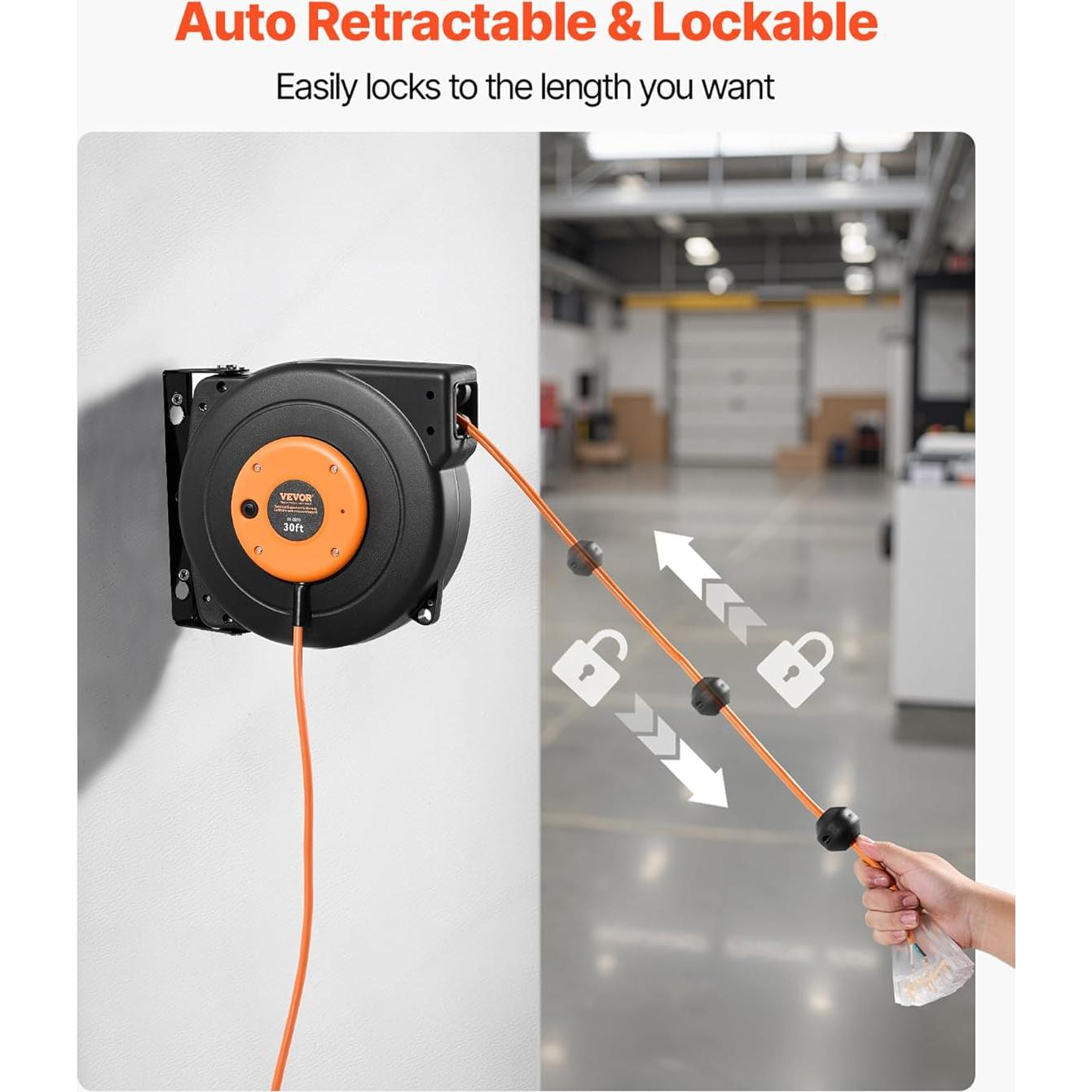 Carrete de Cable de Extensión Retráctil VEVOR 9.14m 10A