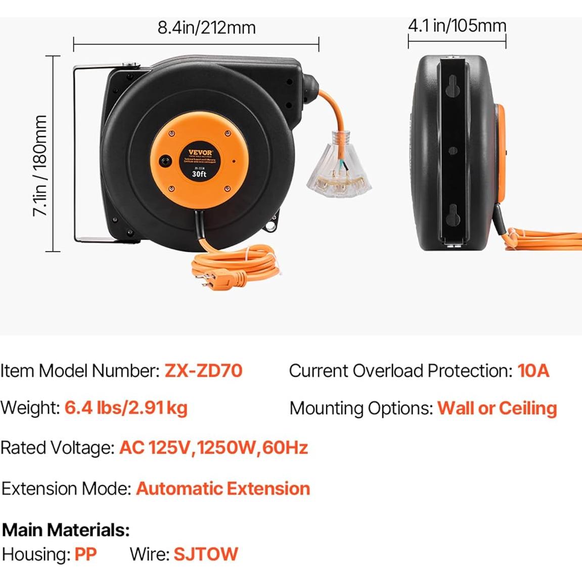 Carrete de Cable de Extensión Retráctil VEVOR 9.14m 10A