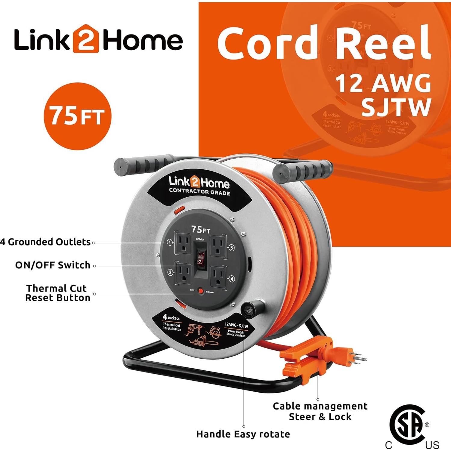 Carrete Retráctil de Cable de Extensión Link2Home 75 Pies 4 Salidas