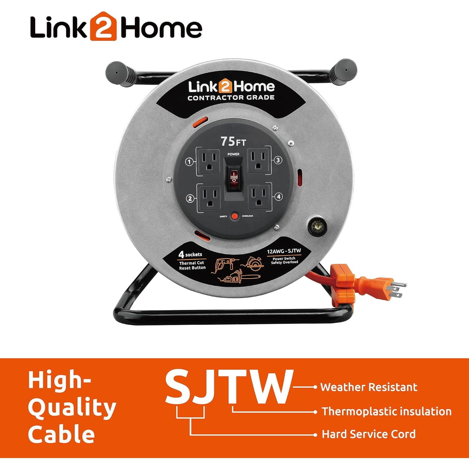 Carrete Retráctil de Cable de Extensión Link2Home 75 Pies 4 Salidas