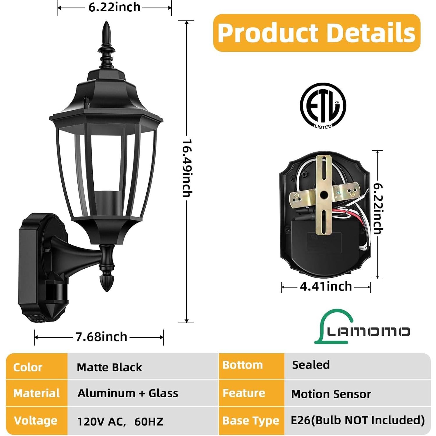 Lamomo Aplique de Pared Exterior con Sensor de Movimiento - 2 Pcs