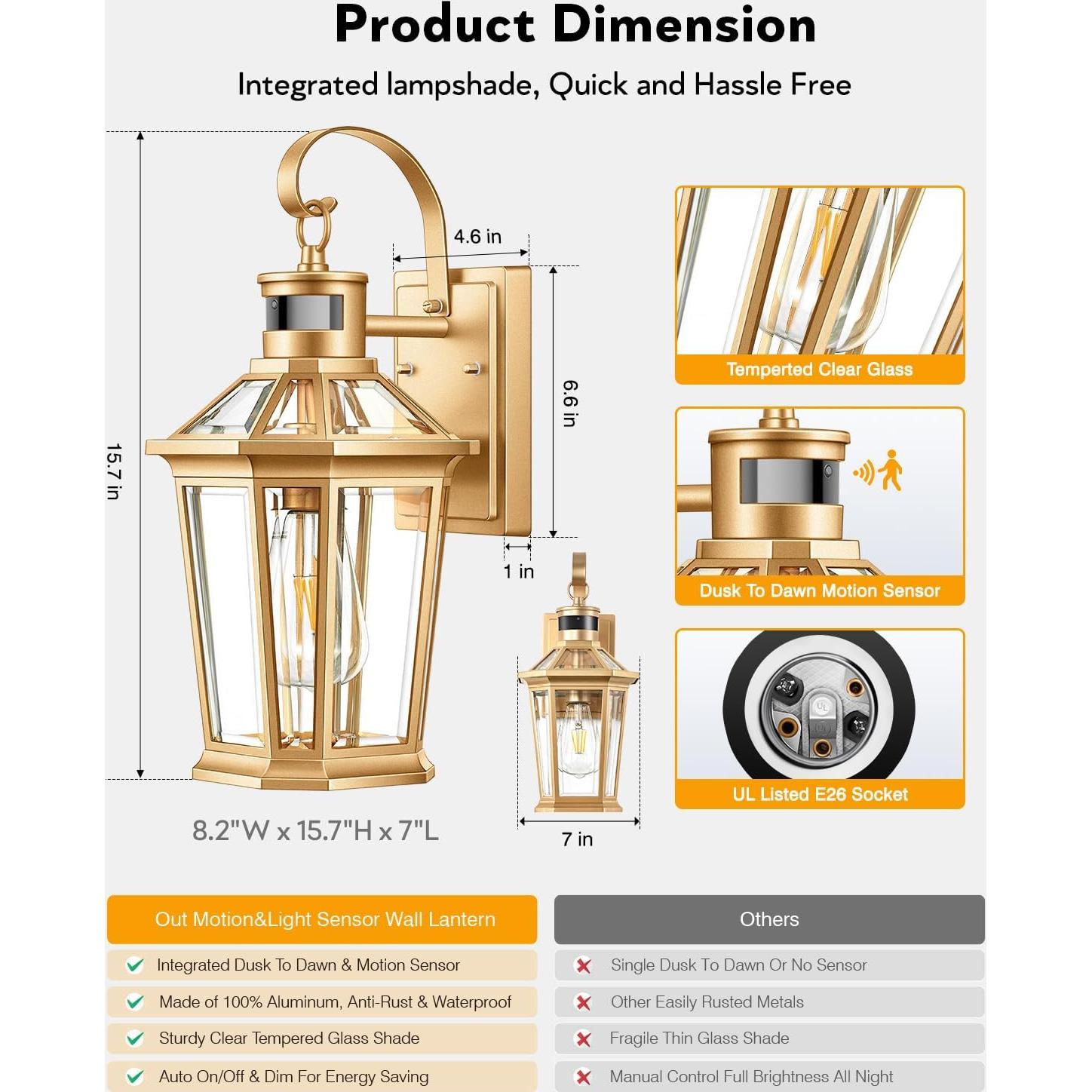 Aplique de Pared Exterior VIANIS con Sensor de Movimiento Dorado