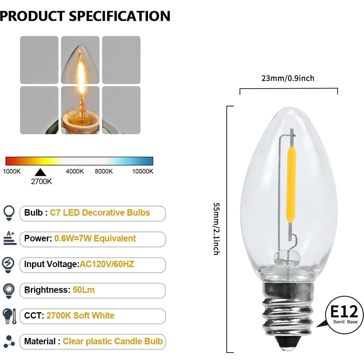 Paquete de 2 Cables con 2 Bombillas LED C7 E12 para Decoración