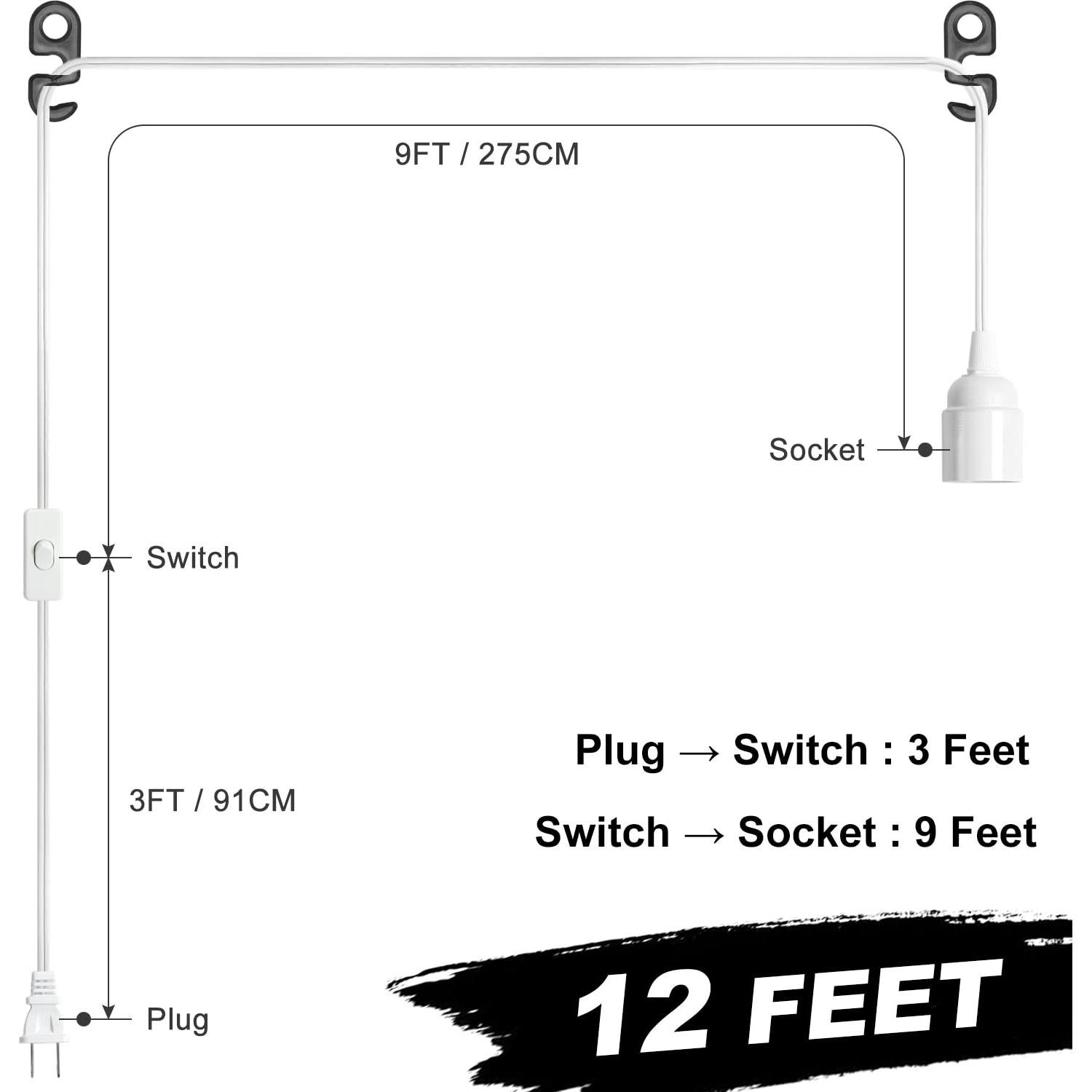 Cable de luz colgante 12 pies E26 con interruptor - Blanco