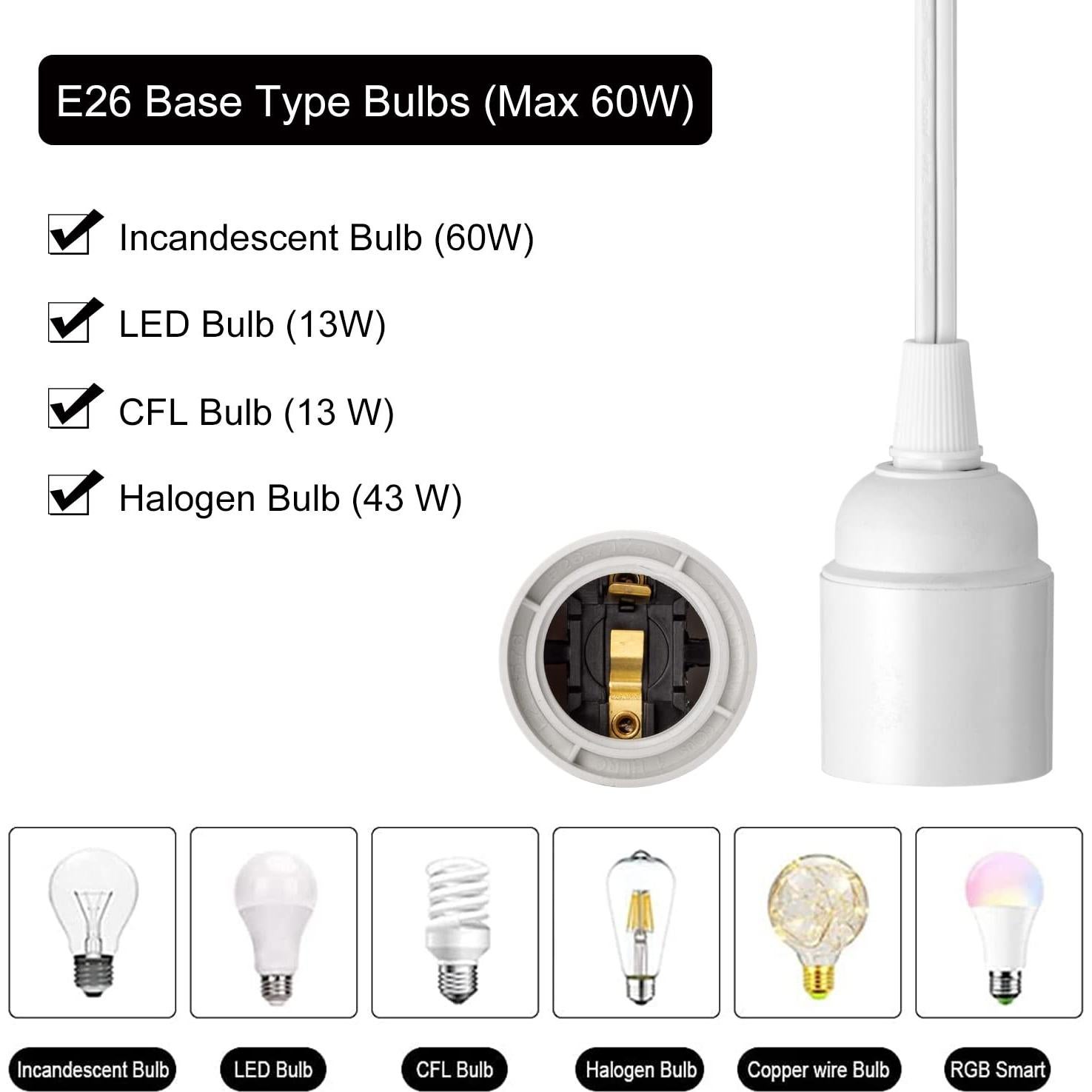 Cable de luz colgante 12 pies E26 con interruptor - Blanco