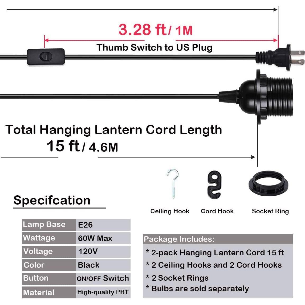 HESSION Luz Colgante Enchufable 15 Pies E26/E27 Negro 2 Paquete