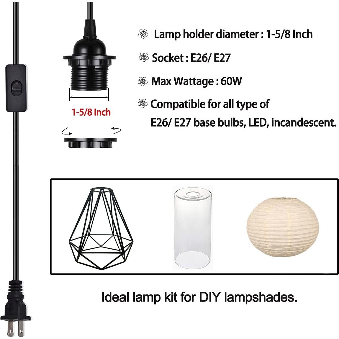 HESSION Luz Colgante Enchufable 15 Pies E26/E27 Negro 2 Paquete