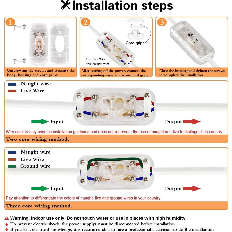 Interruptor en Línea Helunsi 2 Pcs ON/OFF 6A 250V Claro