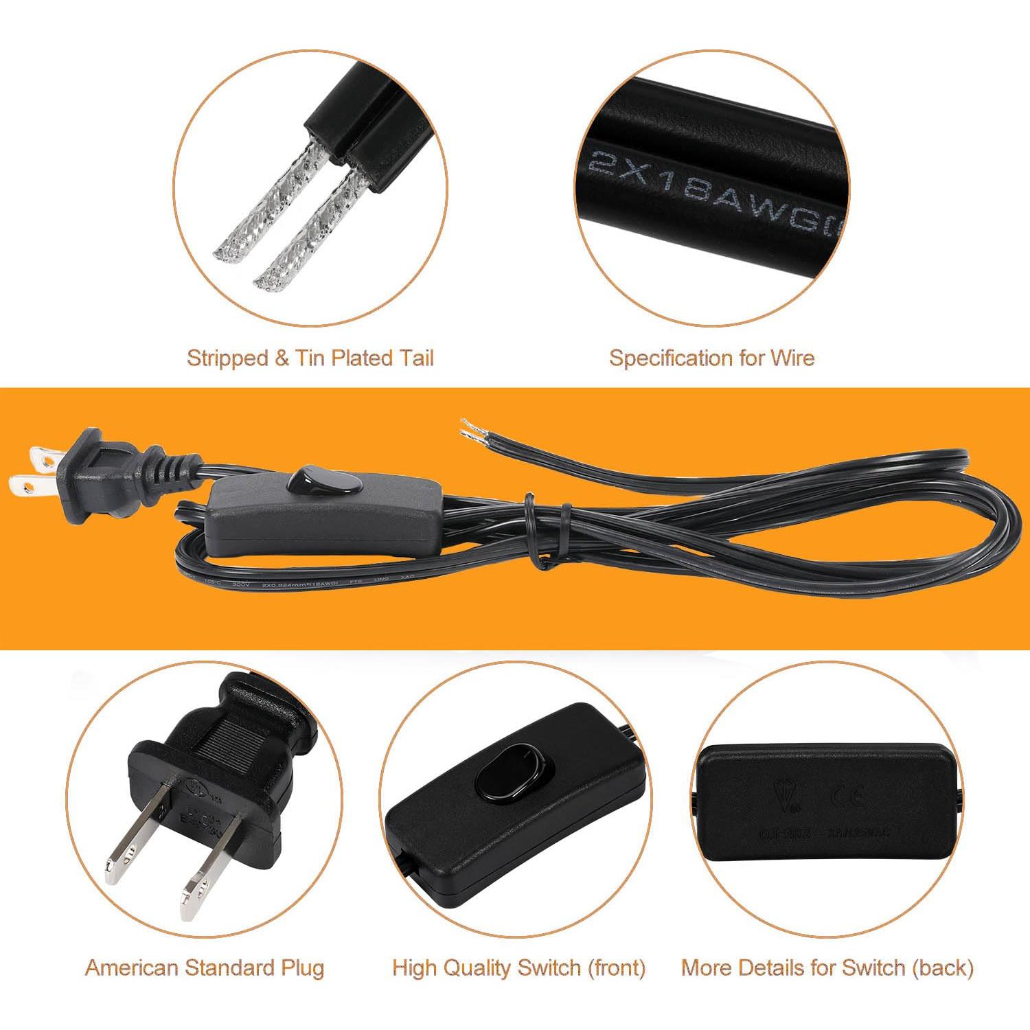 Cable de Lámpara Negro con Interruptor Botón 1.83m 3 Paquetes