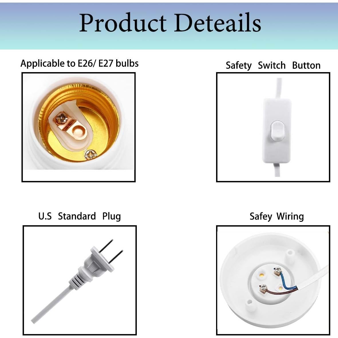 Base de bombilla E26/E27 con cable de 6 metros y interruptor