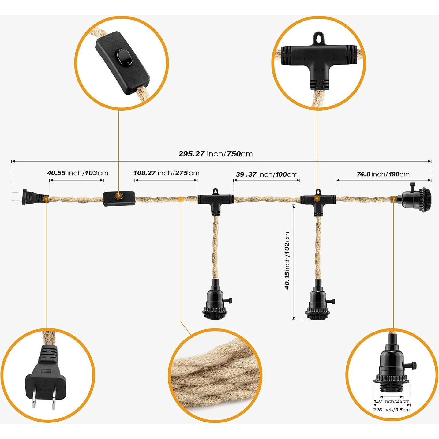 Lámpara Colgante Enchufable LYOOWNG 3 Luces 7.62M Yute