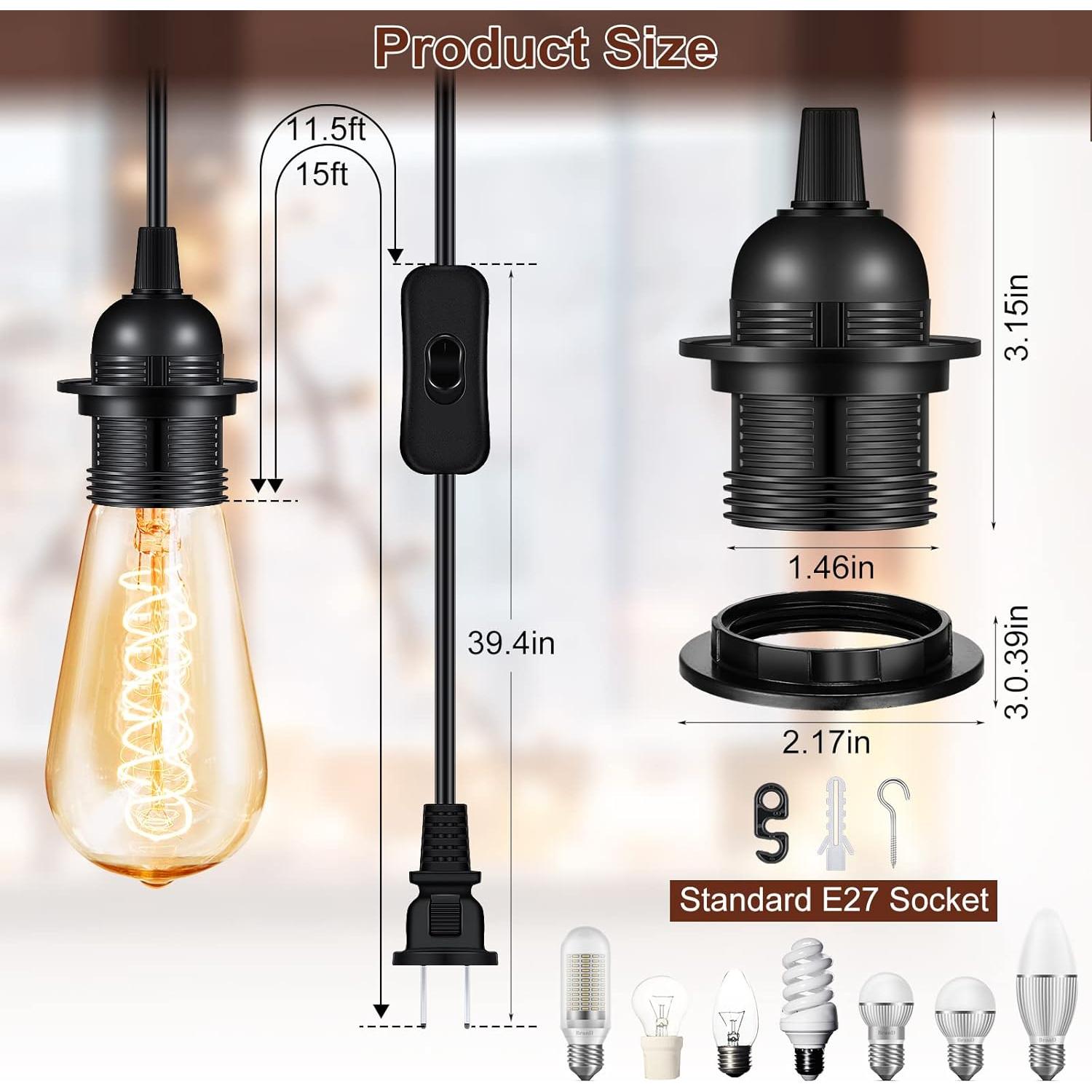 Kit de Cable de Luz Colgante Reginary 6 Piezas E27 4.5m Negro