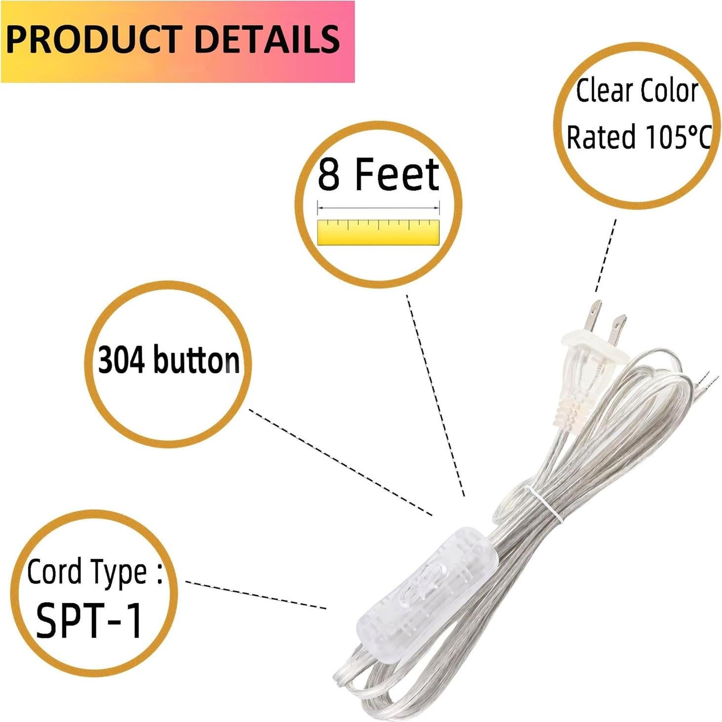 Paquete de 2 Cables de Lámpara Transparentes 2.44m con Interruptor