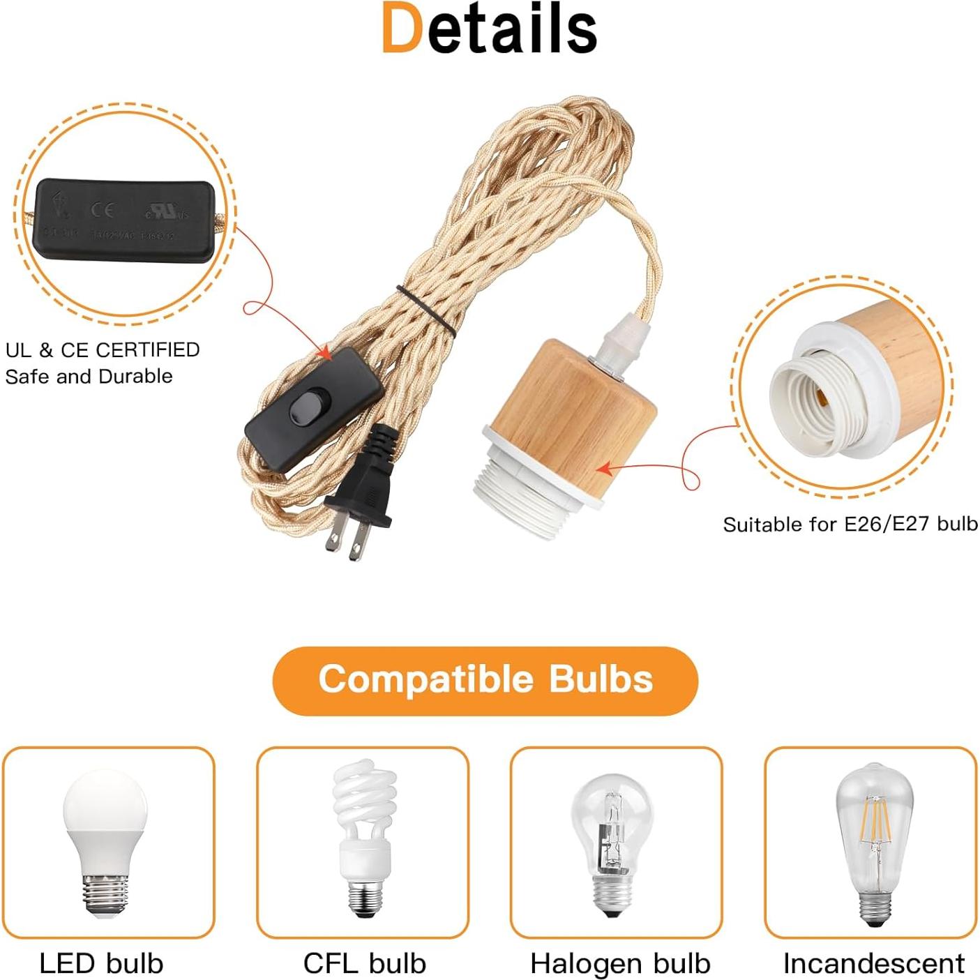 Cuerda de luz colgante Zevnico 4.57m con anillo y enchufe