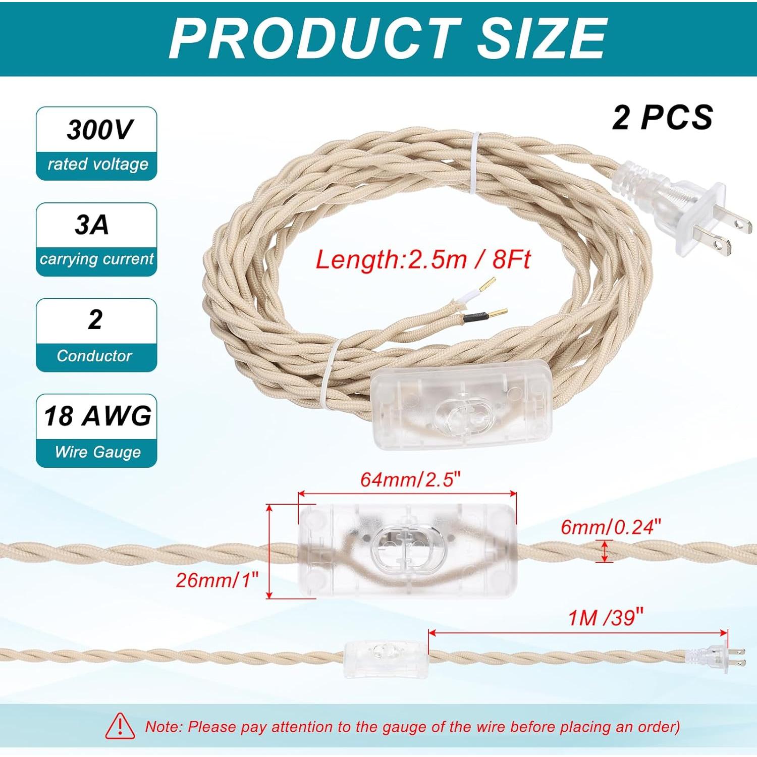 Cable de Lámpara Cubierto de Tela uxcell 2.44m Beige 18AWG