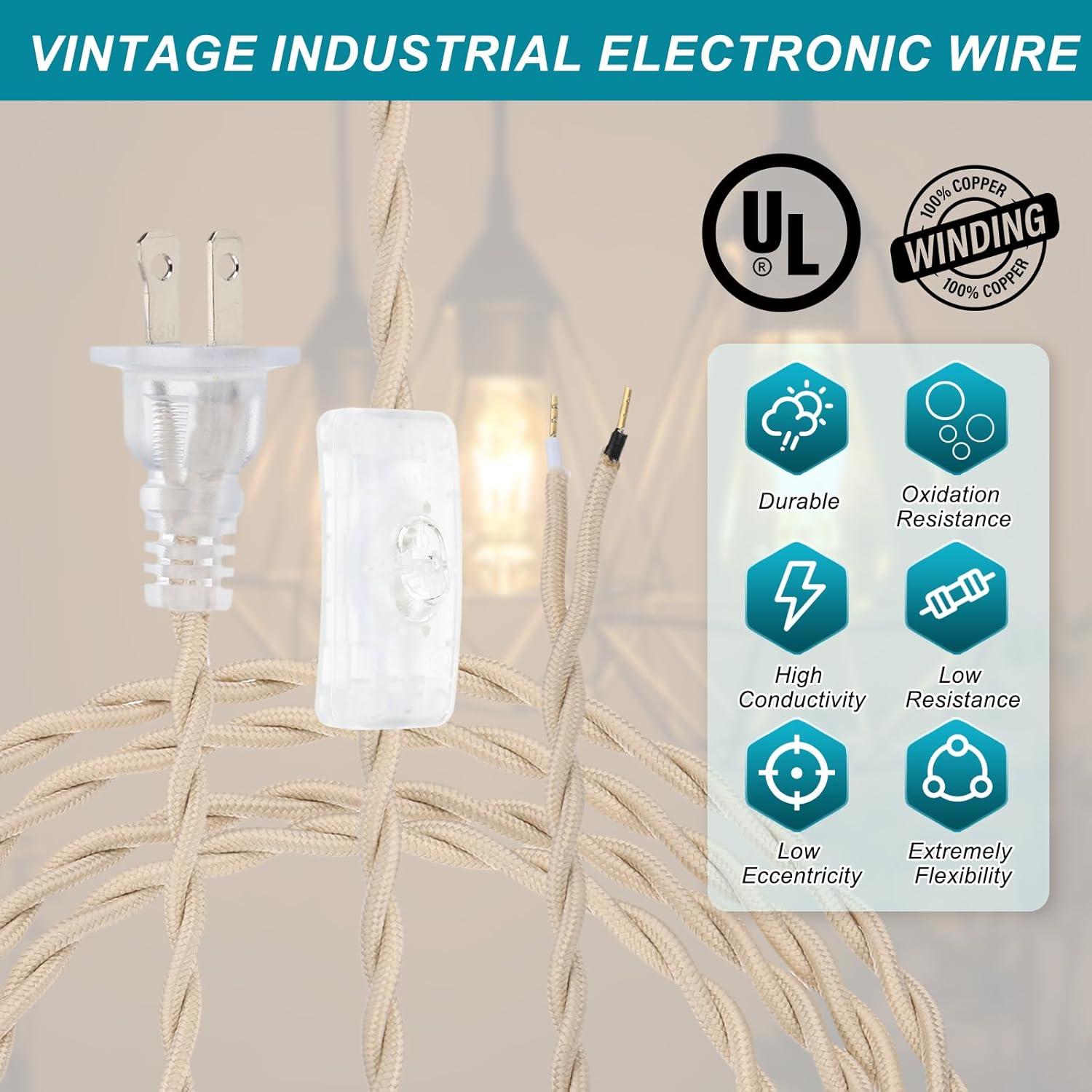 Cable de Lámpara Cubierto de Tela uxcell 2.44m Beige 18AWG