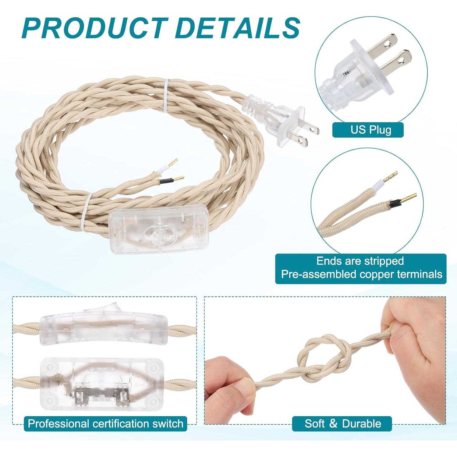 Cable de Lámpara Cubierto de Tela uxcell 2.44m Beige 18AWG