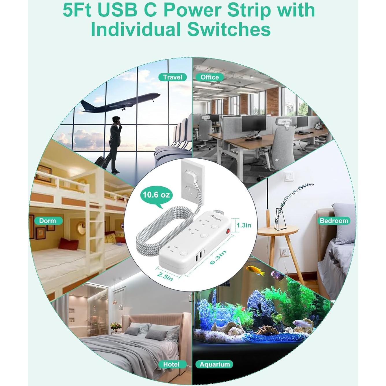 Regleta de Alimentación Alitayee 6 Salidas 3 USB 17W 5 pies