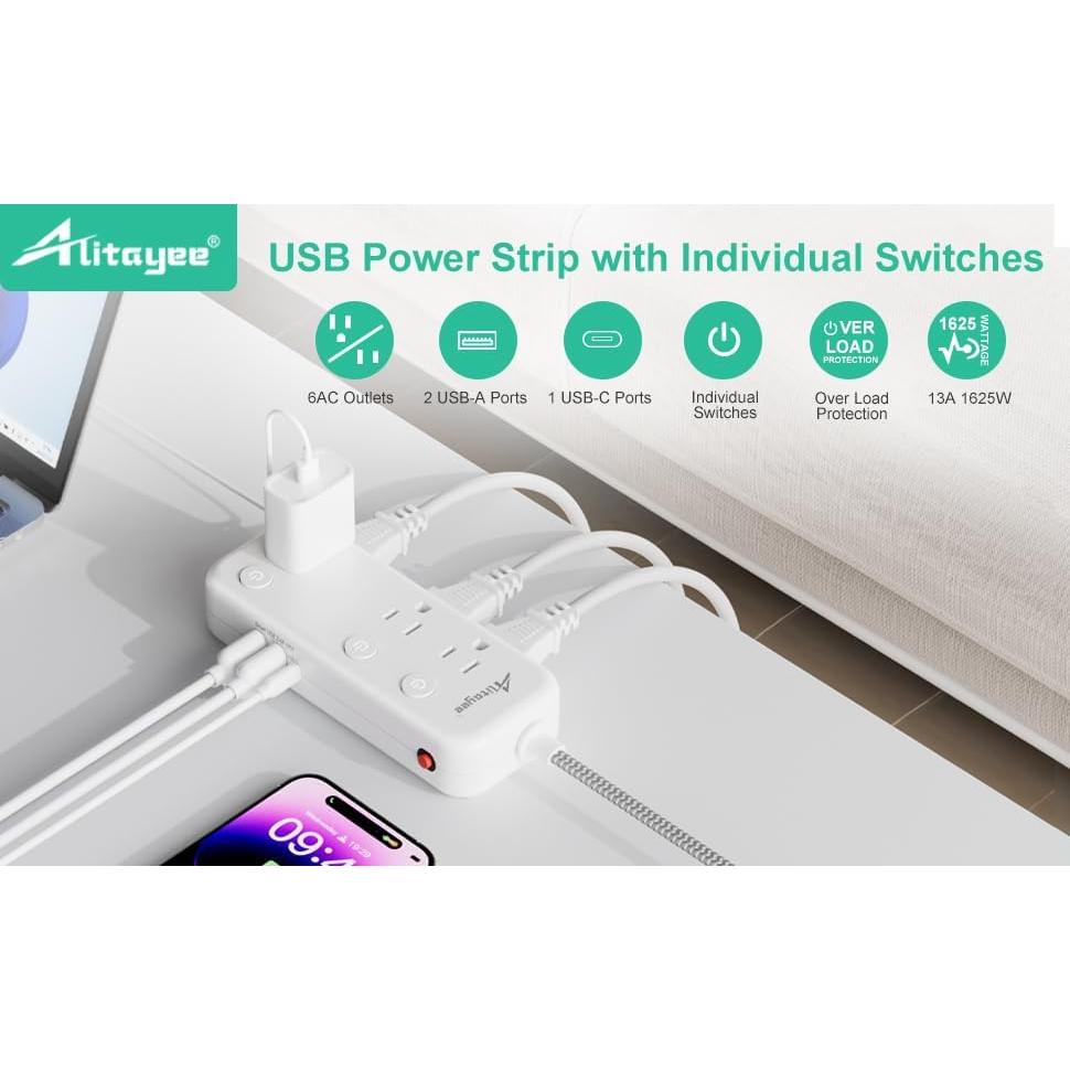 Regleta de Alimentación Alitayee 6 Salidas 3 USB 17W 5 pies